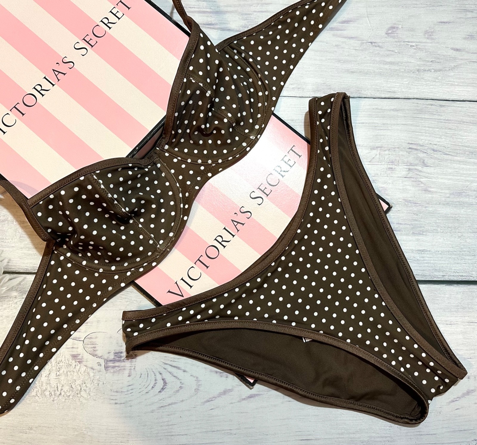 PINK by Frankies BUTTERCUP Victorias Secret Brown and White Polka Dot Bikini Set
