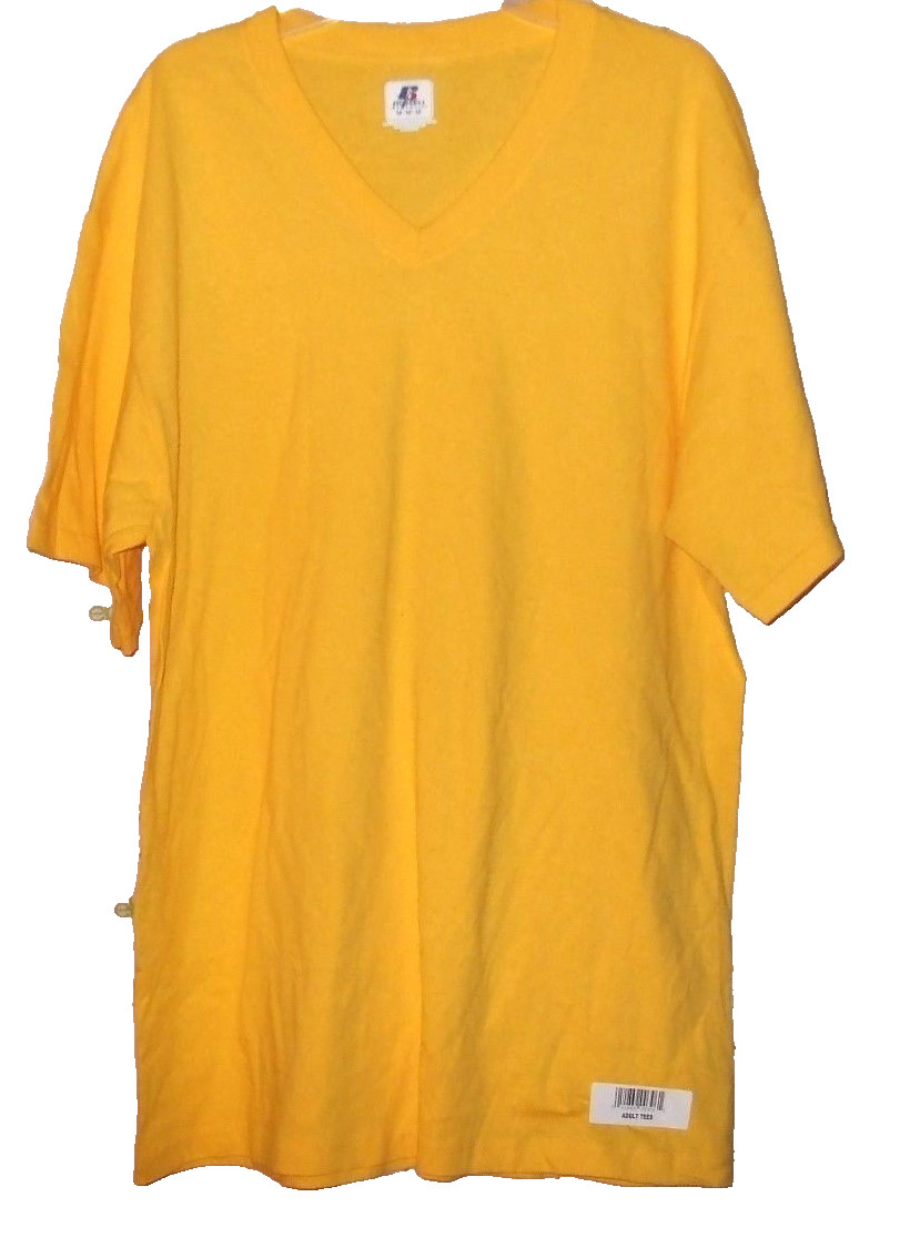 NEW $30 RUSSELL ATHELTIC MEDIUM YELLOW RIB TRIM TEE SHIRT V TOP
