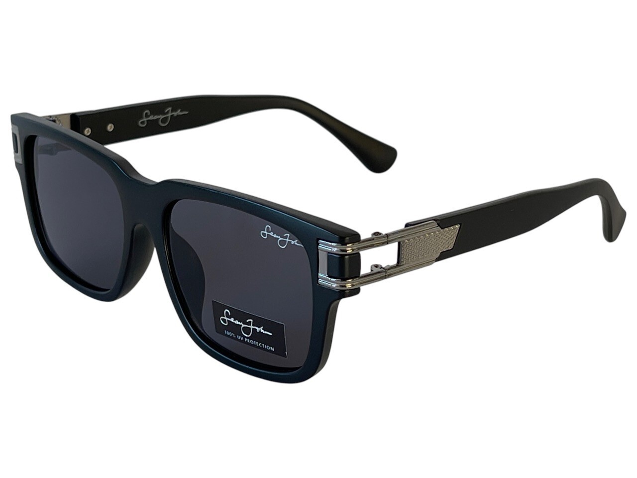Sean John Matte Black & Silver Designer Sunglasses Dark Grey Tint UV Lenses NWT