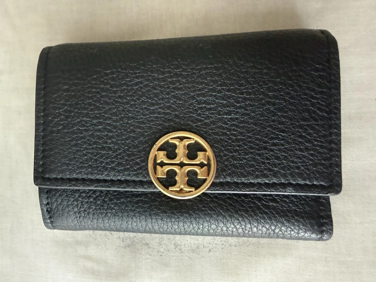 Tory Burch Miller Trifold Wallet Black Pebbled Leather Gold Hardware 79393