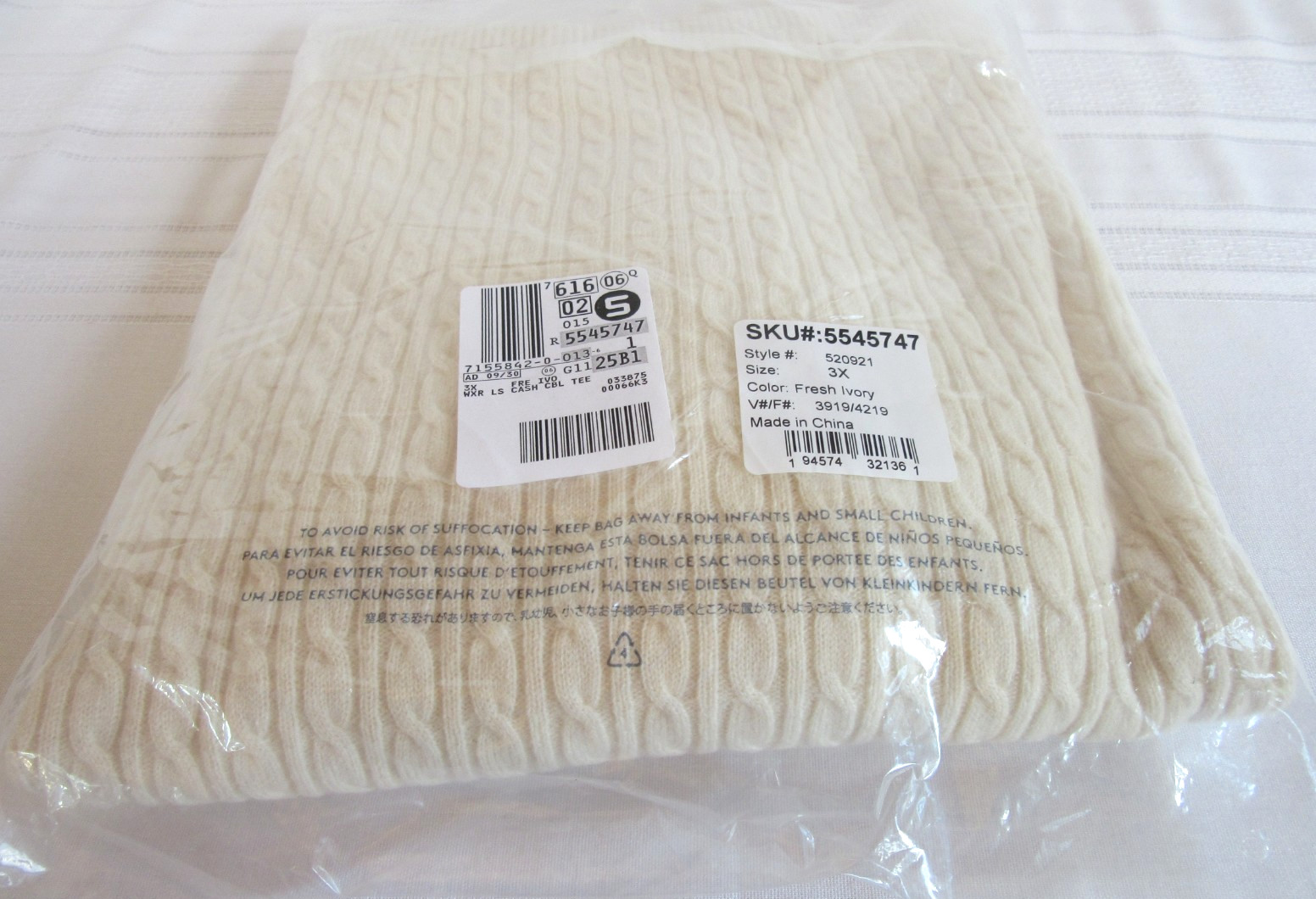 Lands’ End 100% Cashmere Long Sleeve Cable Ivory Pullover Style #520921 3X NEW!