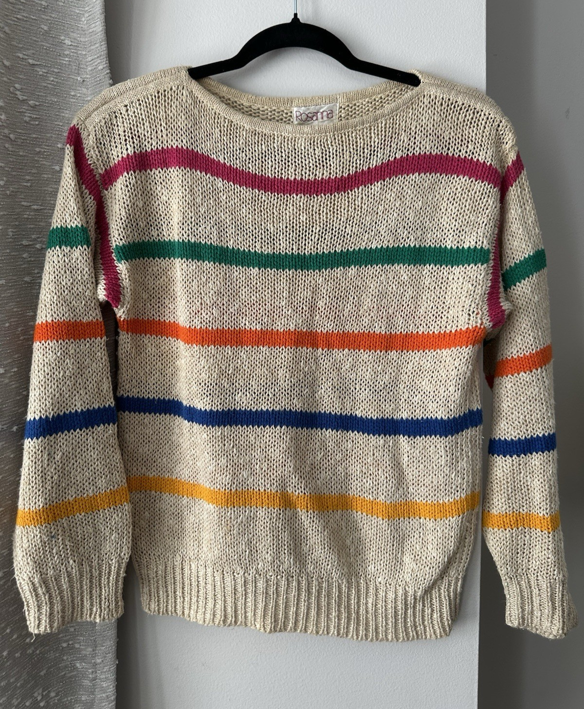 Rosanna Women’s M Linen Cotton Striped Knit Crewneck Pullover Sweater Beige