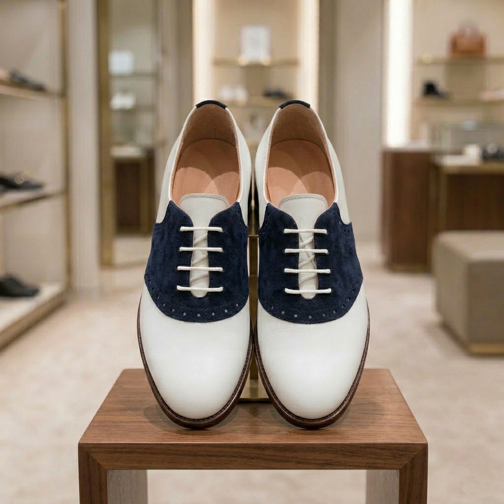 New Men’s handmade two tone navy and white leather formal lace-up oxford shoes