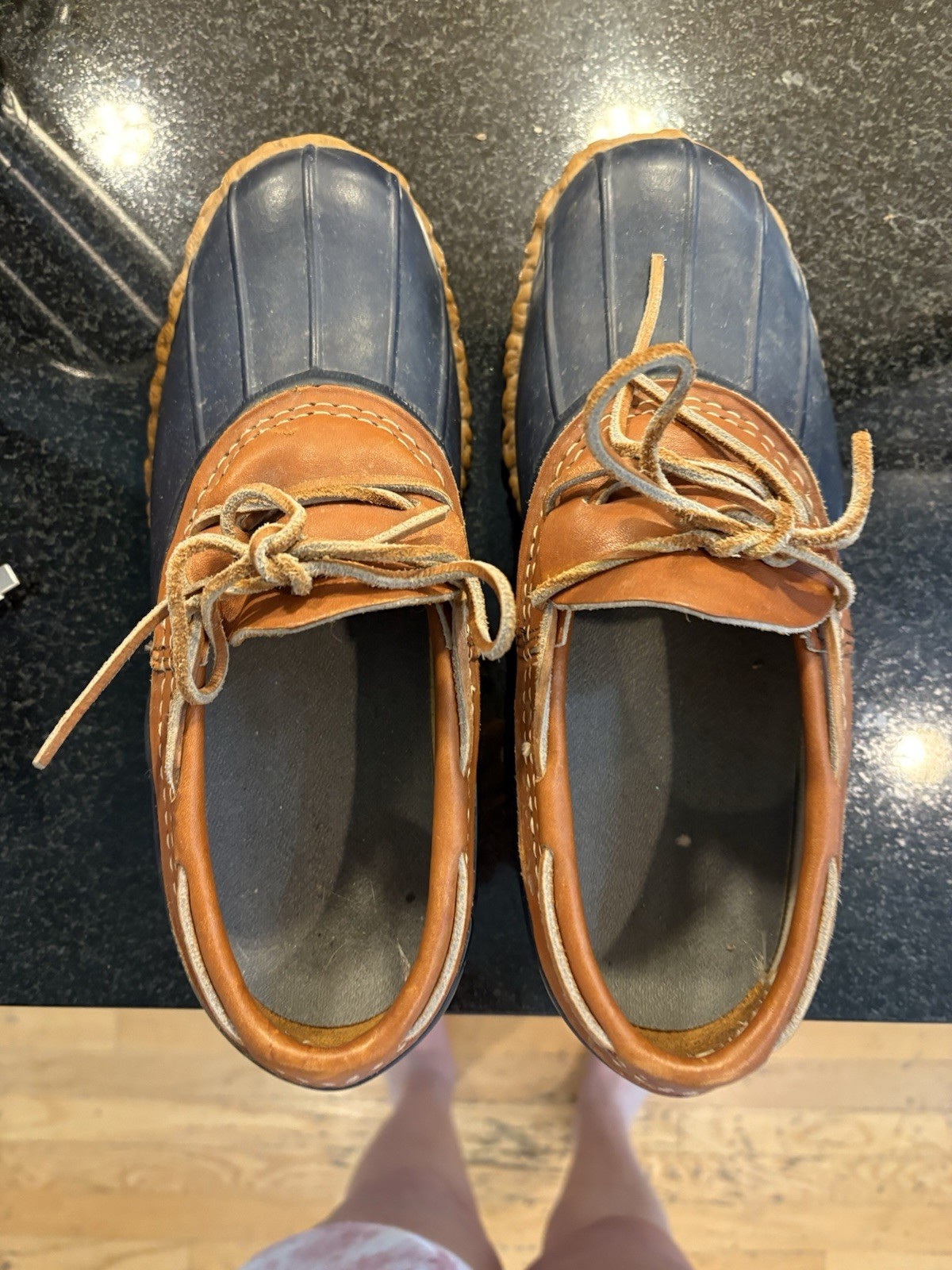 L.L. Bean Women’s Rubber Moc Low Duck Boots Yellow/Navy Blue, Size 8M