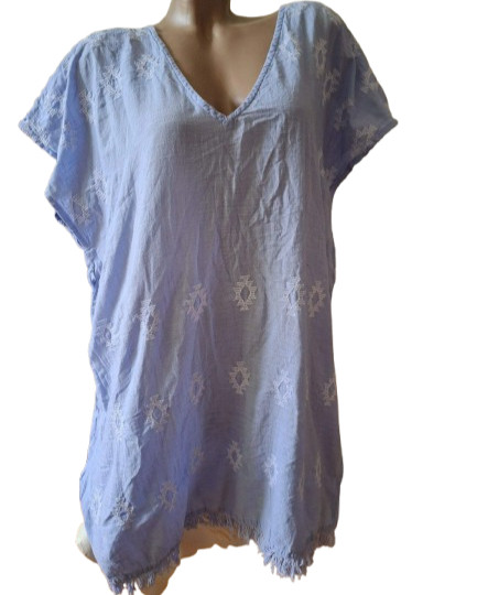 PRIMARK Blue Cotton Embroidered Boho Tunic Dress Fringed Oversize Top Sz S