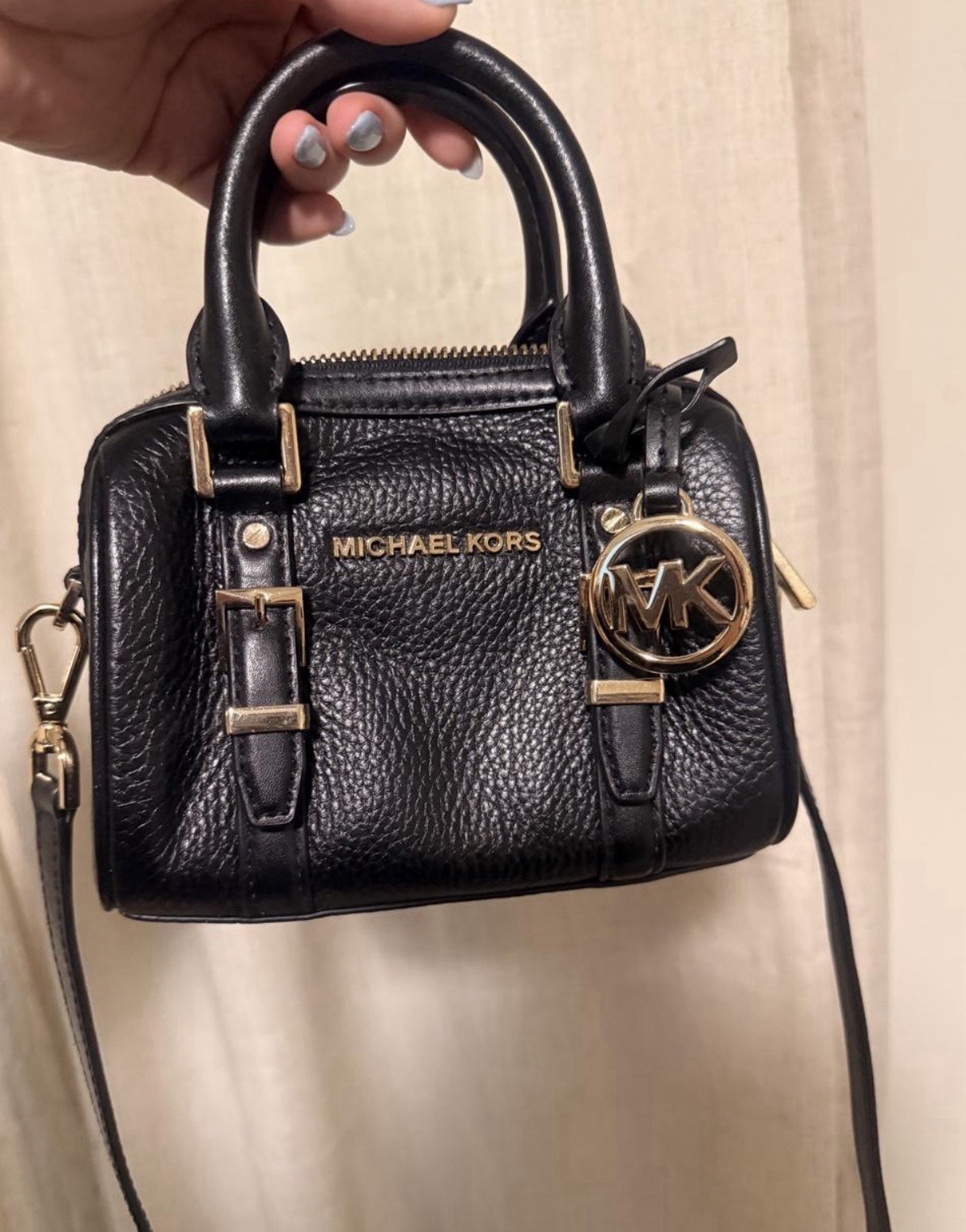 Michael Kors Black Pebbled Mini Satchel Crossbody Zip, Detachable Strap MK Charm