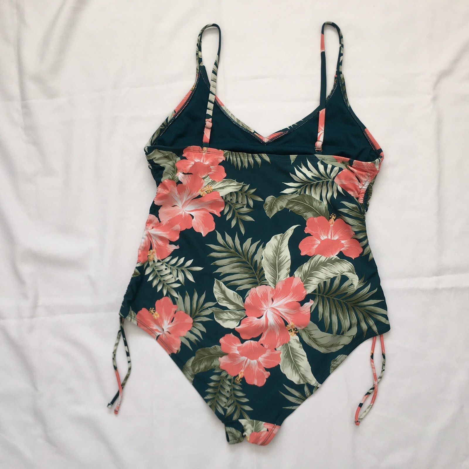 Kona Sol Womens Swimsuit One Piece Swimwear Green Floral Tropical Side Cinch…
