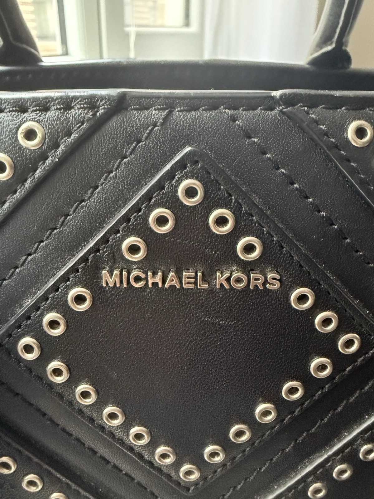 Michael Kors Selma Large Black Leather Grommet Studded Satchel Handbag Silver