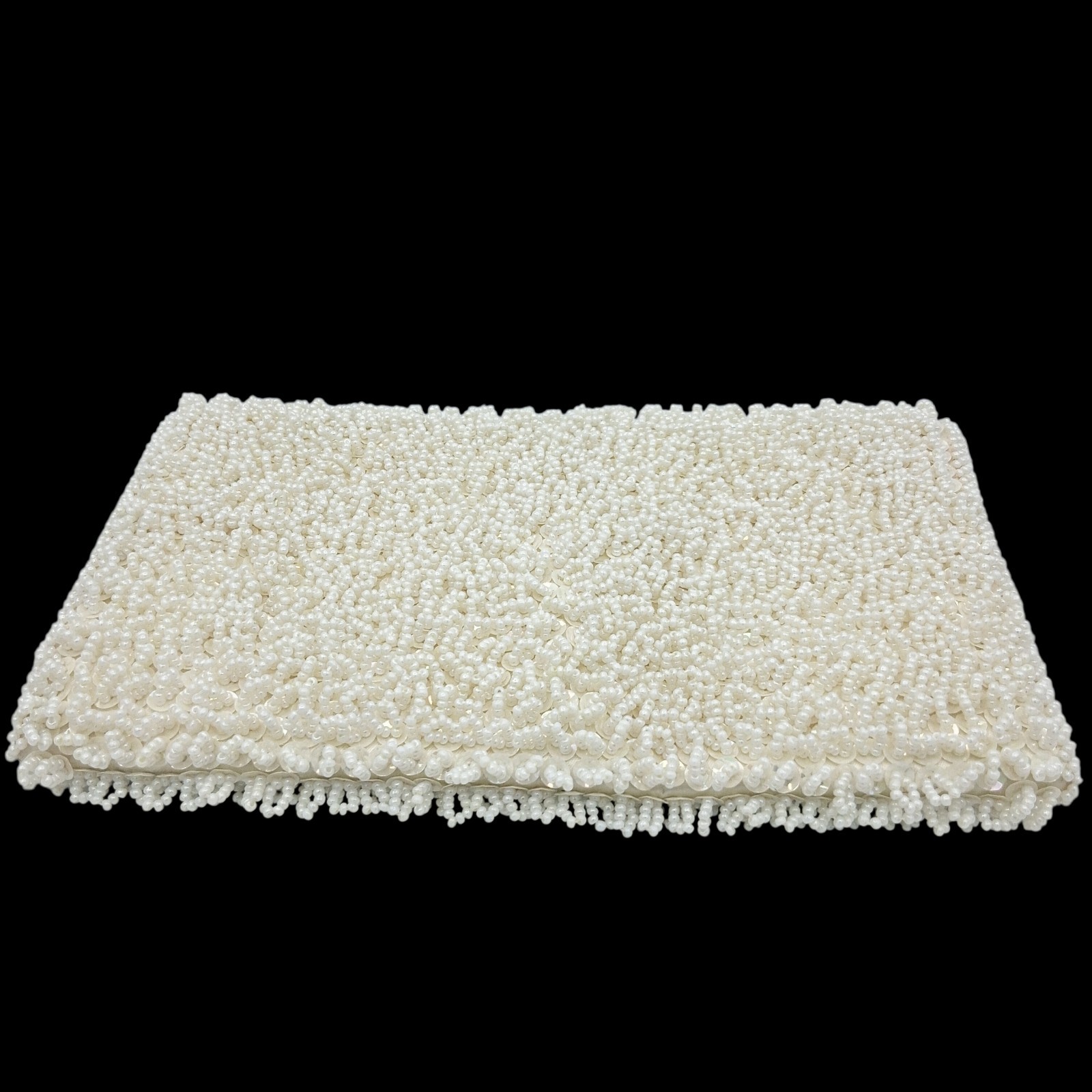 Vtg Bradlees Hong Kong White Beaded Clutch 8×5 Satin Lined Seed Beads VGC