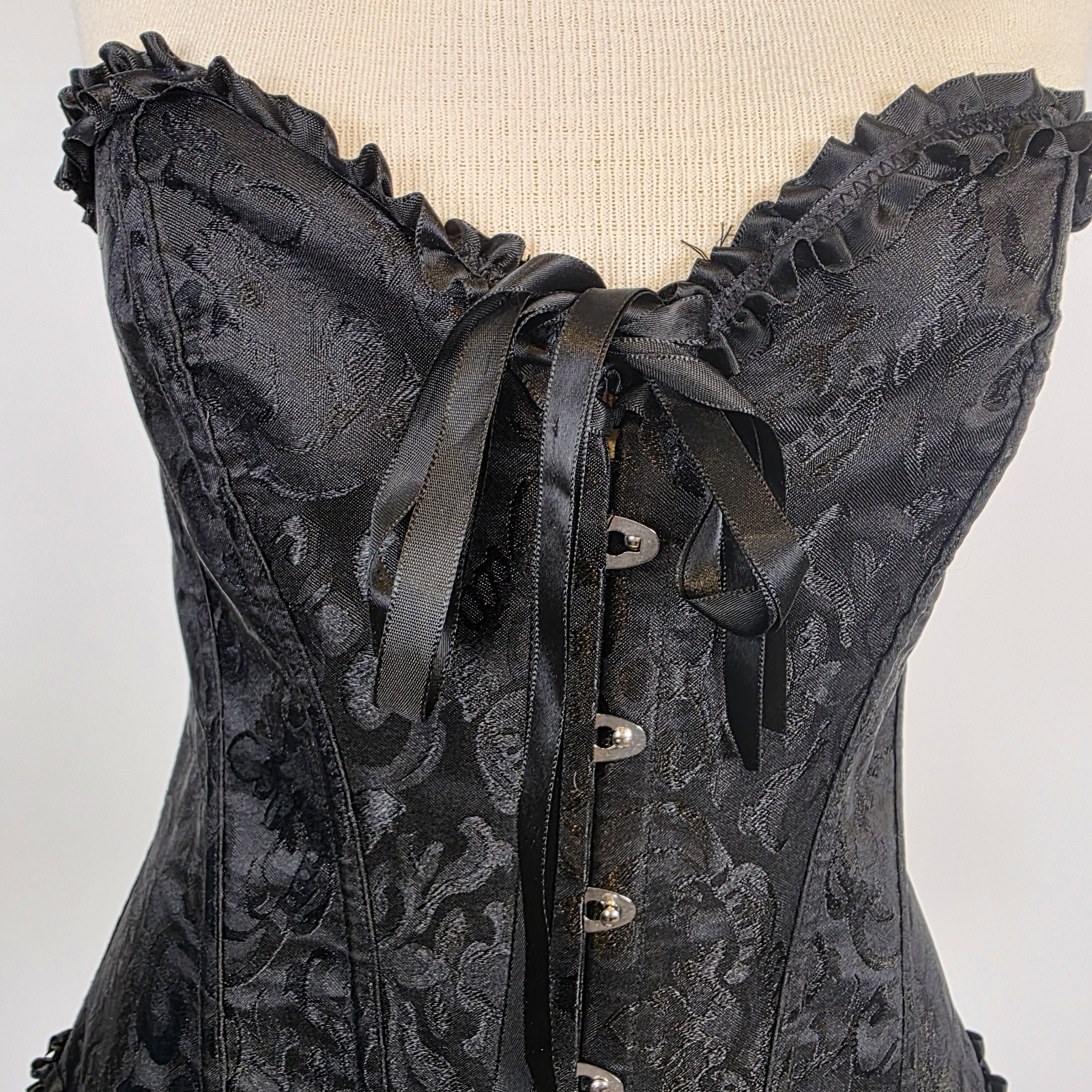 Black Lace-Up Corset Bustier Boned Gothic Steampunk Ruffle Trim Size M Victorian