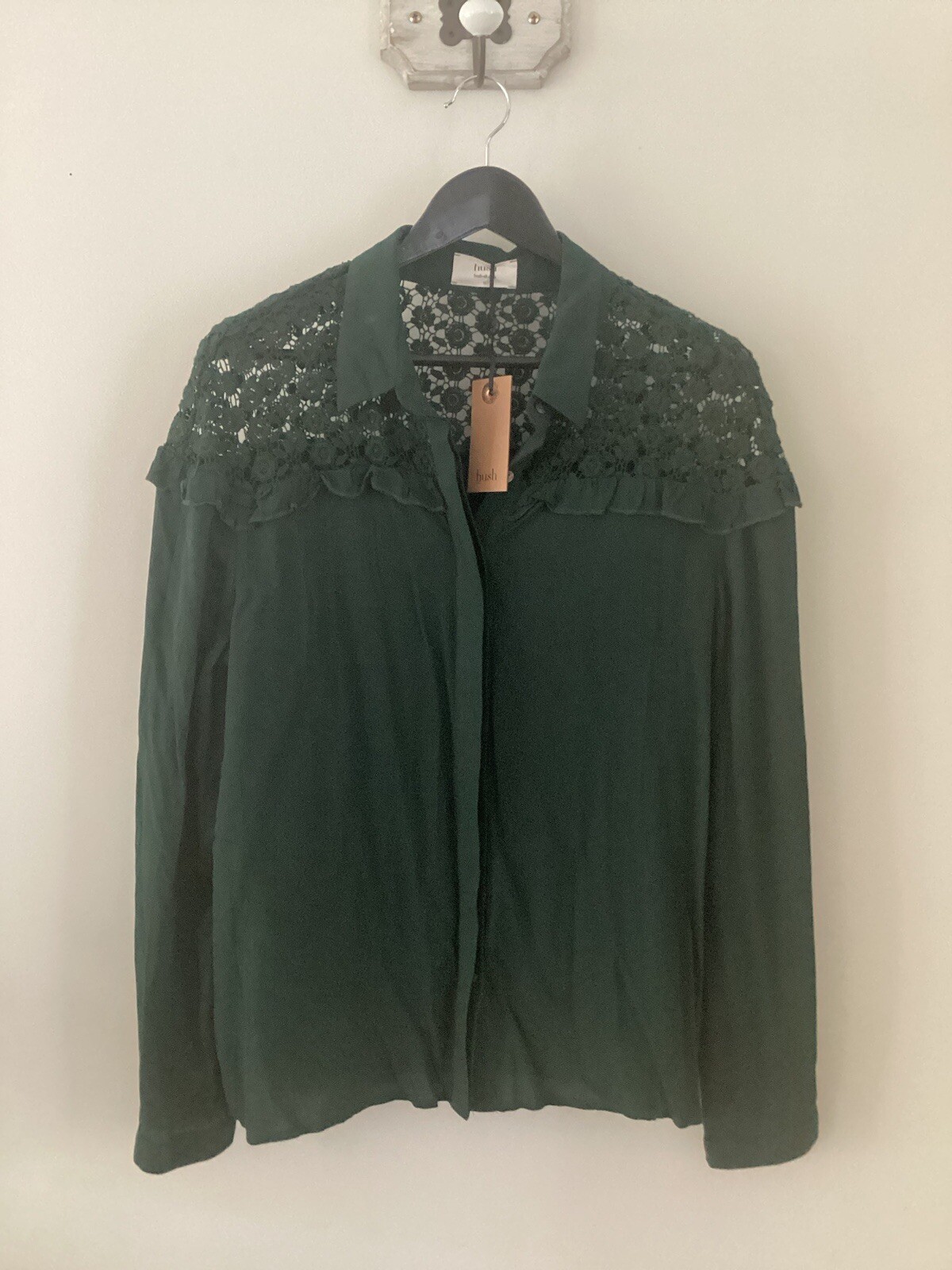 Hush Blouse, UK 12, Dark Green (Pine) Brooklyn Lace Blouse, BNWT