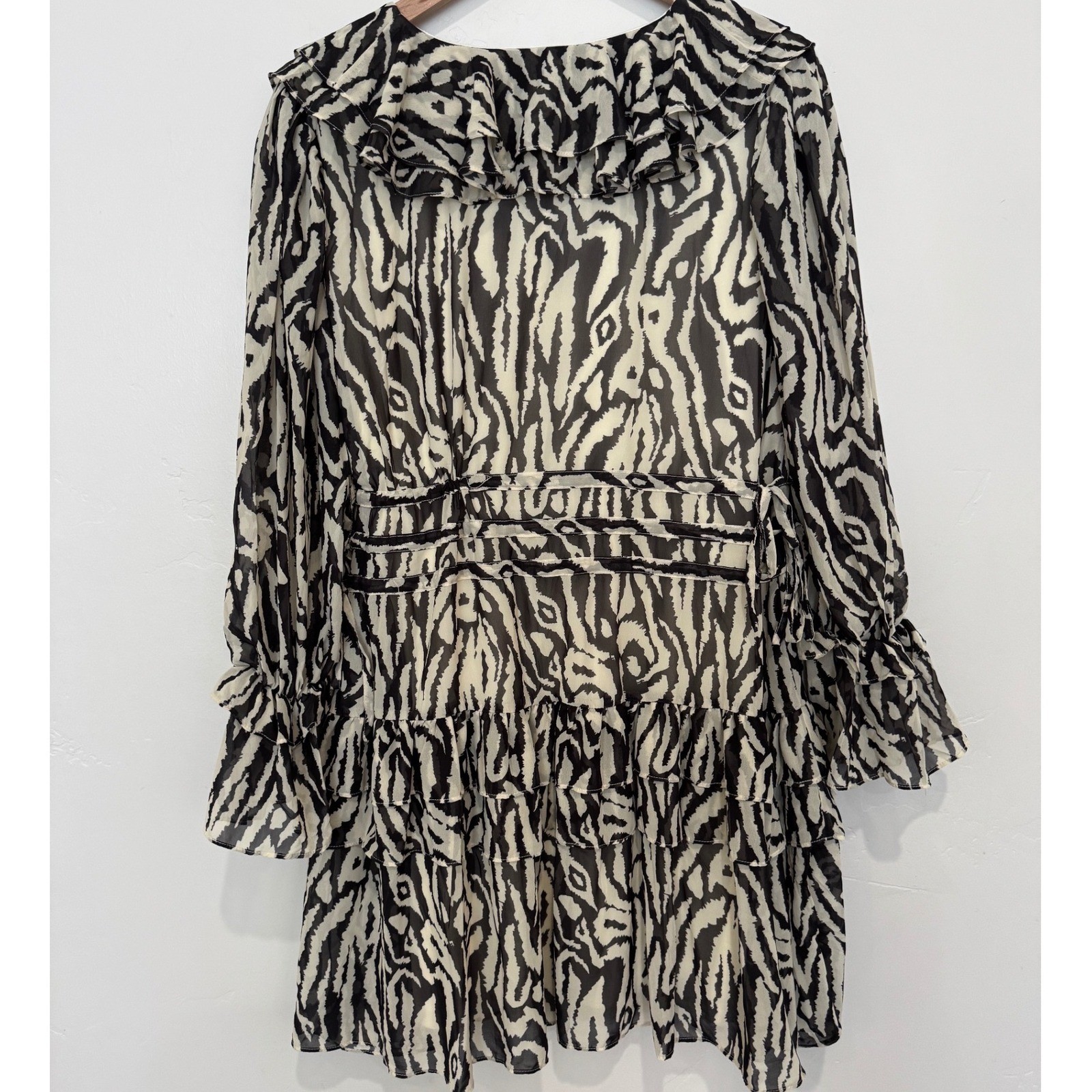 Boohoo Zebra Print Ruffle Mini Dress Long Sleeve Tie Waist Party Going Out US 14