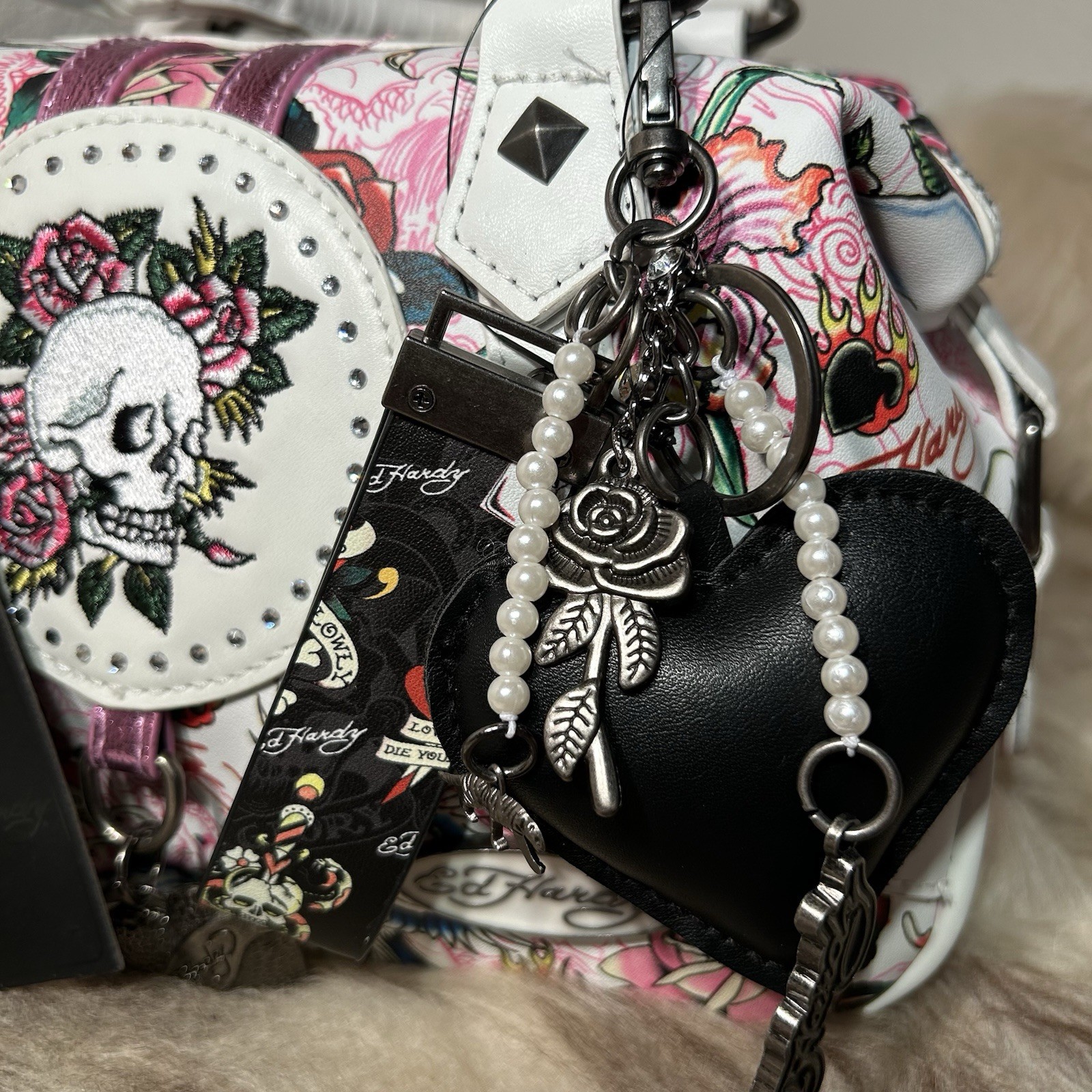 NWT Ed Hardy Satchel / Crossbody Bag – Skulls & More – White Multi