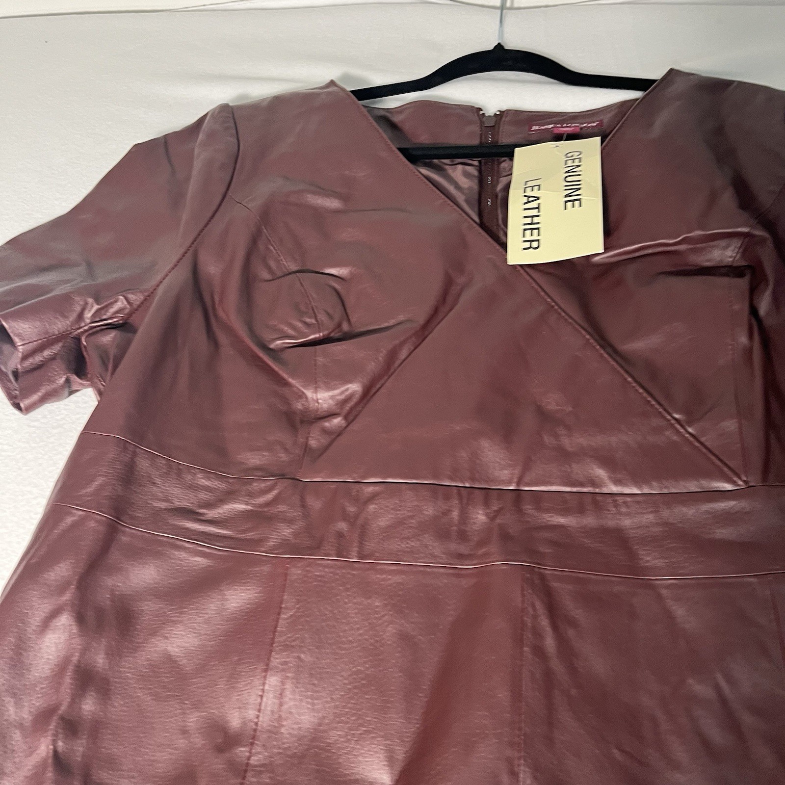 Jessica London Leather Burgundy Sheath Dress V-Neck Short Sleeve Size 16