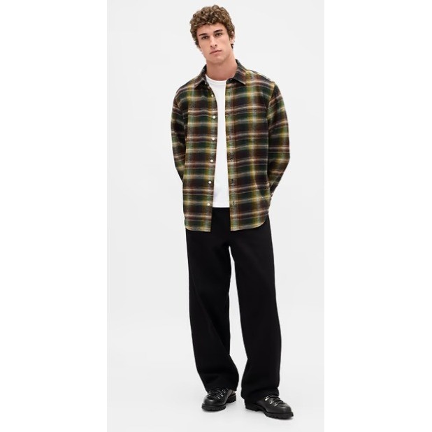 Gap Flannel Shirt Mens L Black Shadow Plaid Organic Cotton Relaxed Fit