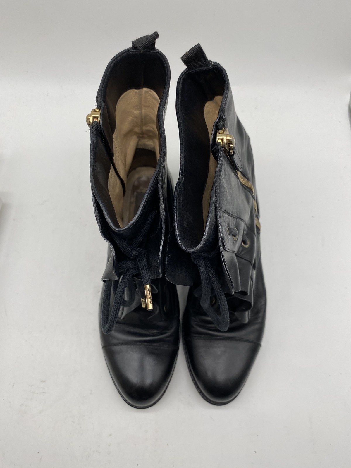 Valentino Garavani Black Leather Ruffle Lace-Up Side Zip Boots Size 40 COA