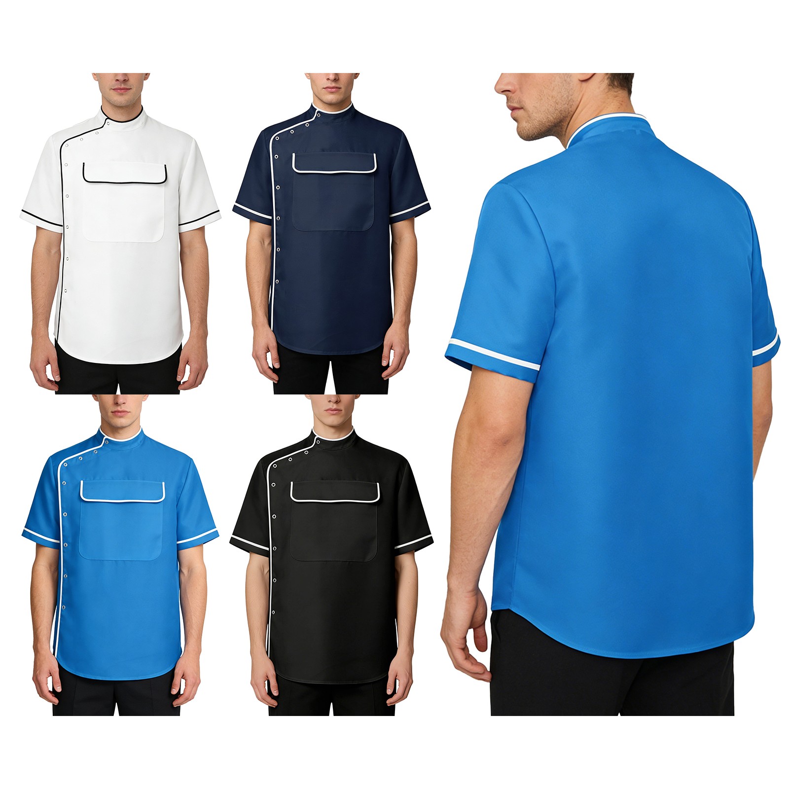 US Men Barber Smock Tops with Pocket Shoulder Snaps Button Up Wrinkle-resistant