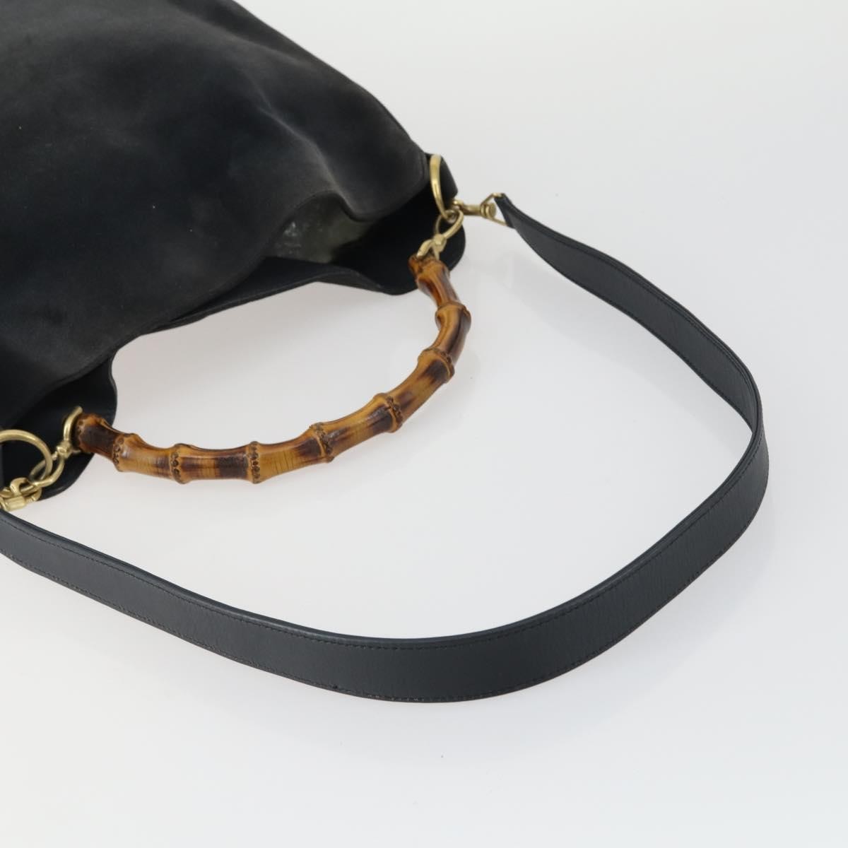 GUCCI Bamboo Shoulder Bag Suede Leather 2 Set Beige Navy Auth 151614