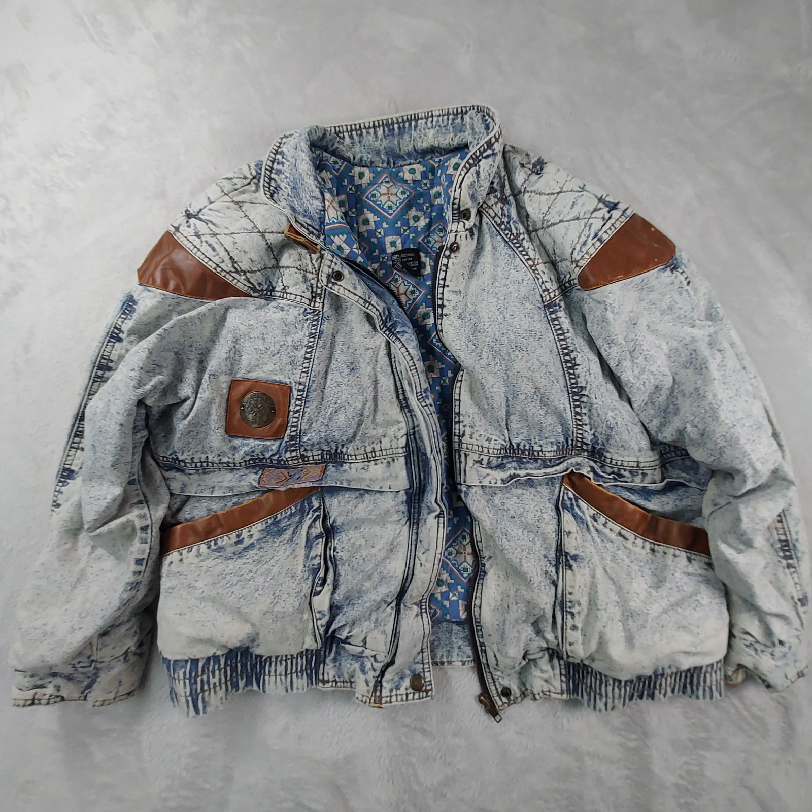 American Ethic Jean Denim Jacket Mens Large Blue Mock Neck Leather Shoulder Trim