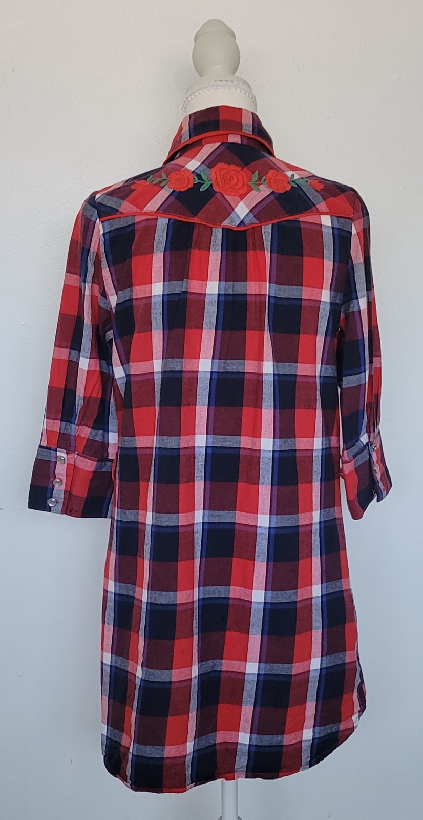 Twenty One Embroidered Plaid Western Shirt Dress Cowgirl Boho Festival Cottage S