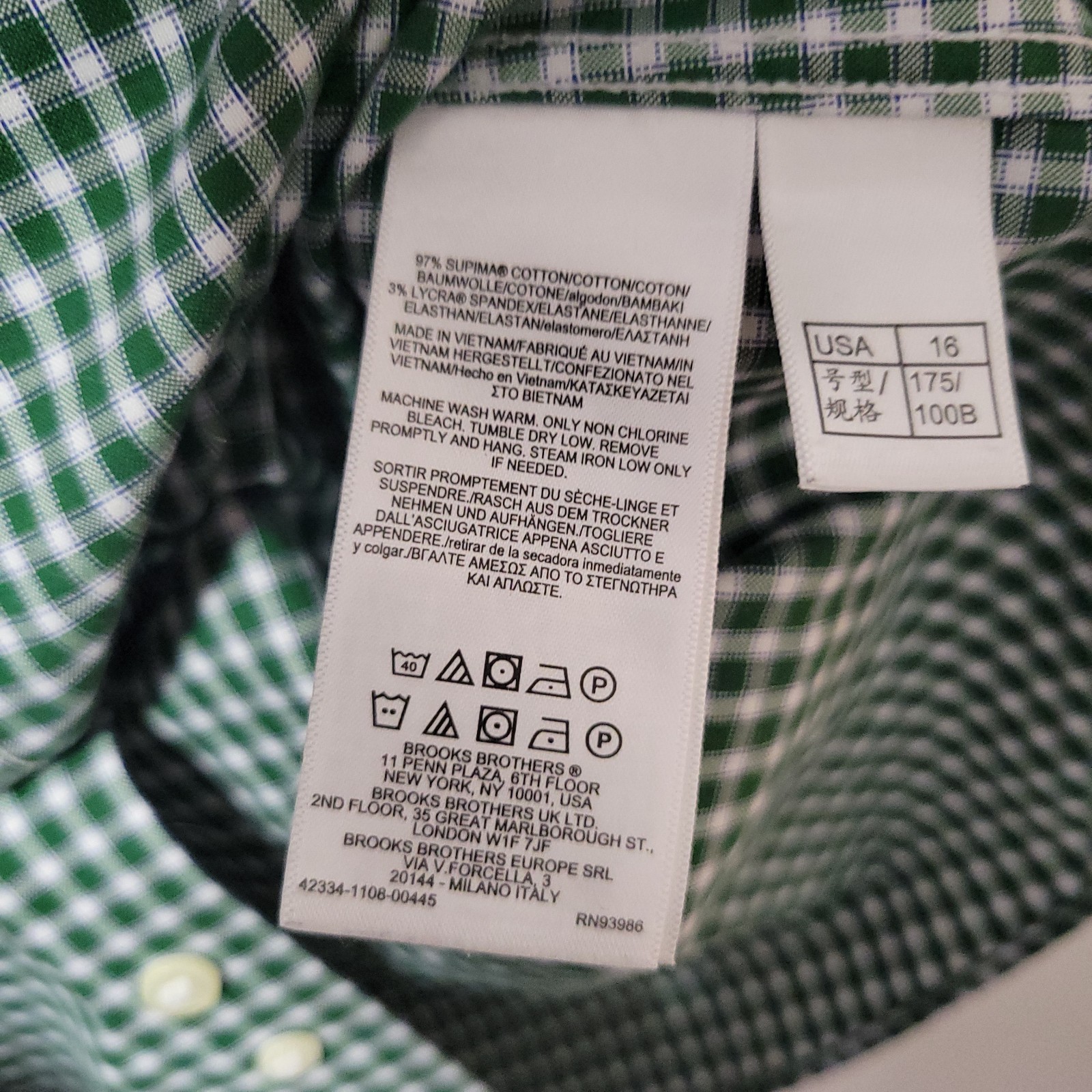Brooks Brothers Regent Button Down Mens 16 34 Green Gingham Non Iron Stretch