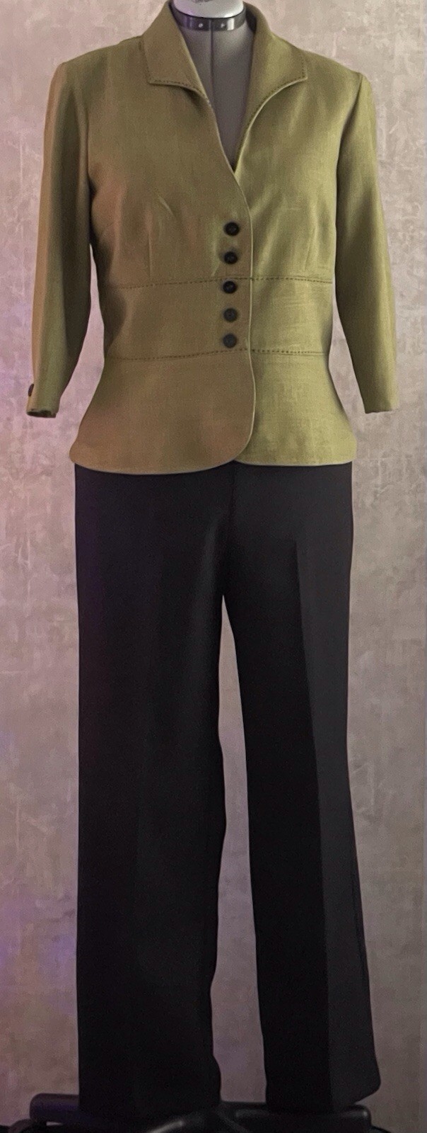 VTG R & K Professional Olive Green Button Up Jacket Black Elastic Pants Sz 14