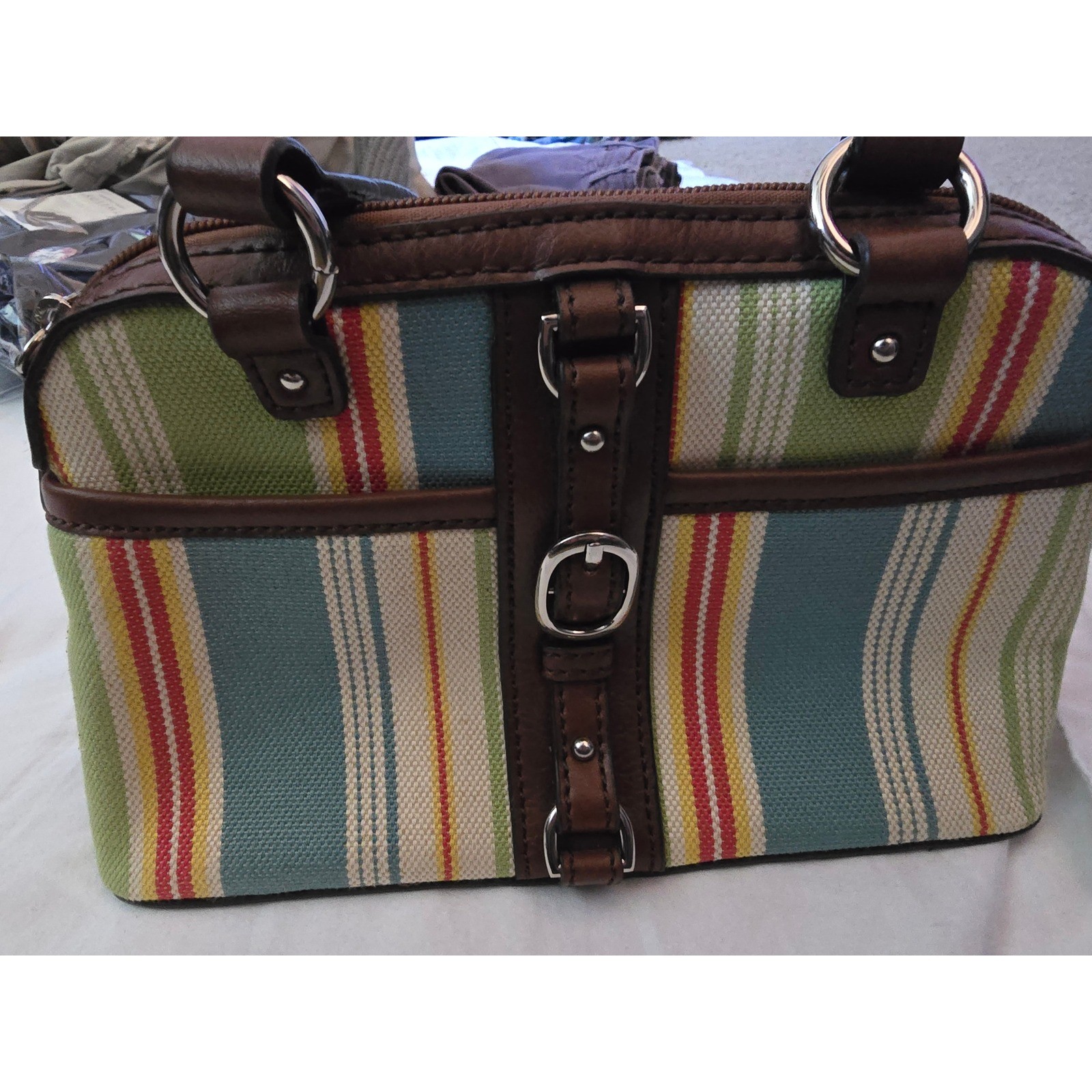 Etienne Aigner Striped Canvas Mini Bag Brown Trim Multi Color Buckle Detail
