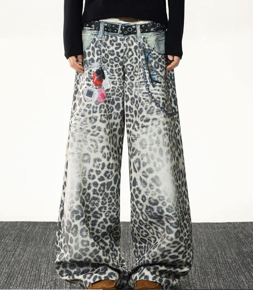 Men’s Leopard Denim Jeans Straight Leg Casual Pants Casual Punk Hip Hop Fashion