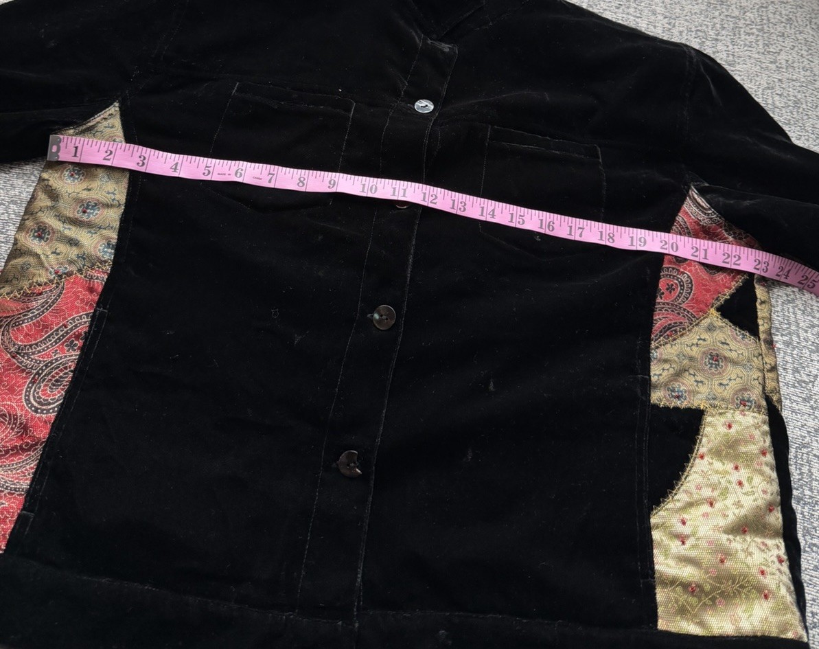 Chico’s Black Velvet Jacket Oriental Asian Tapestry Patchwork Motif Size 3