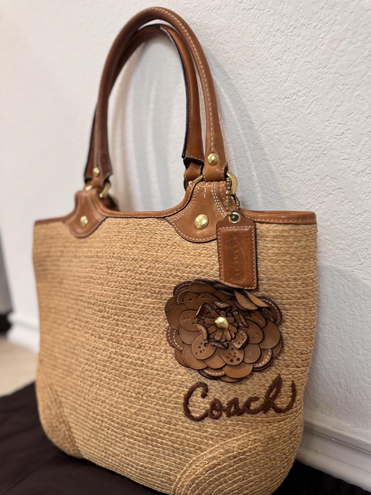 Vintage Y2K Coach Bleecker Straw Flower Tote Handbag