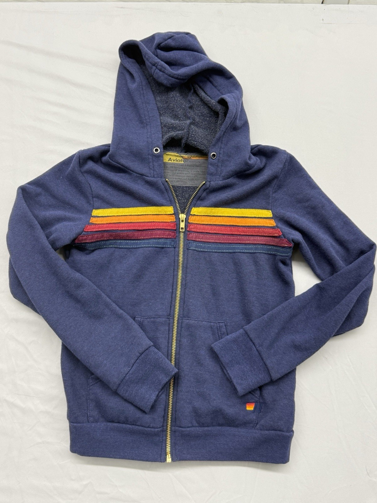 Aviator Nation Youth 12 5-Stripe Zip Up Hoodie Heather Blue Retro Rainbow Kids