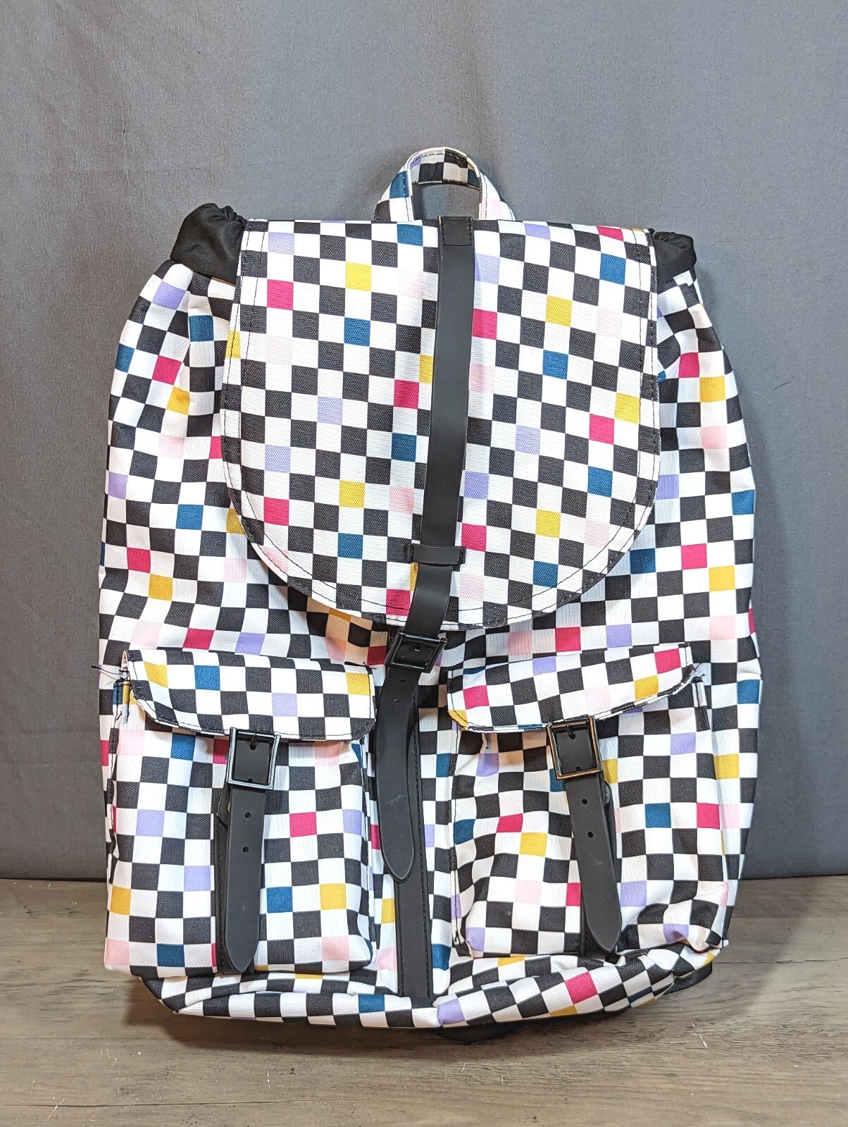Checkered Drawstring Strap Cargo Two Pocket Backpack School Travel Book Bag