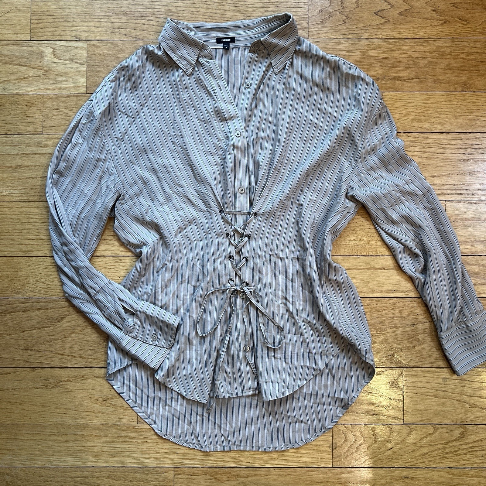 Express Striped Lace-Up Button Collared Long Sleeve Blouse size M