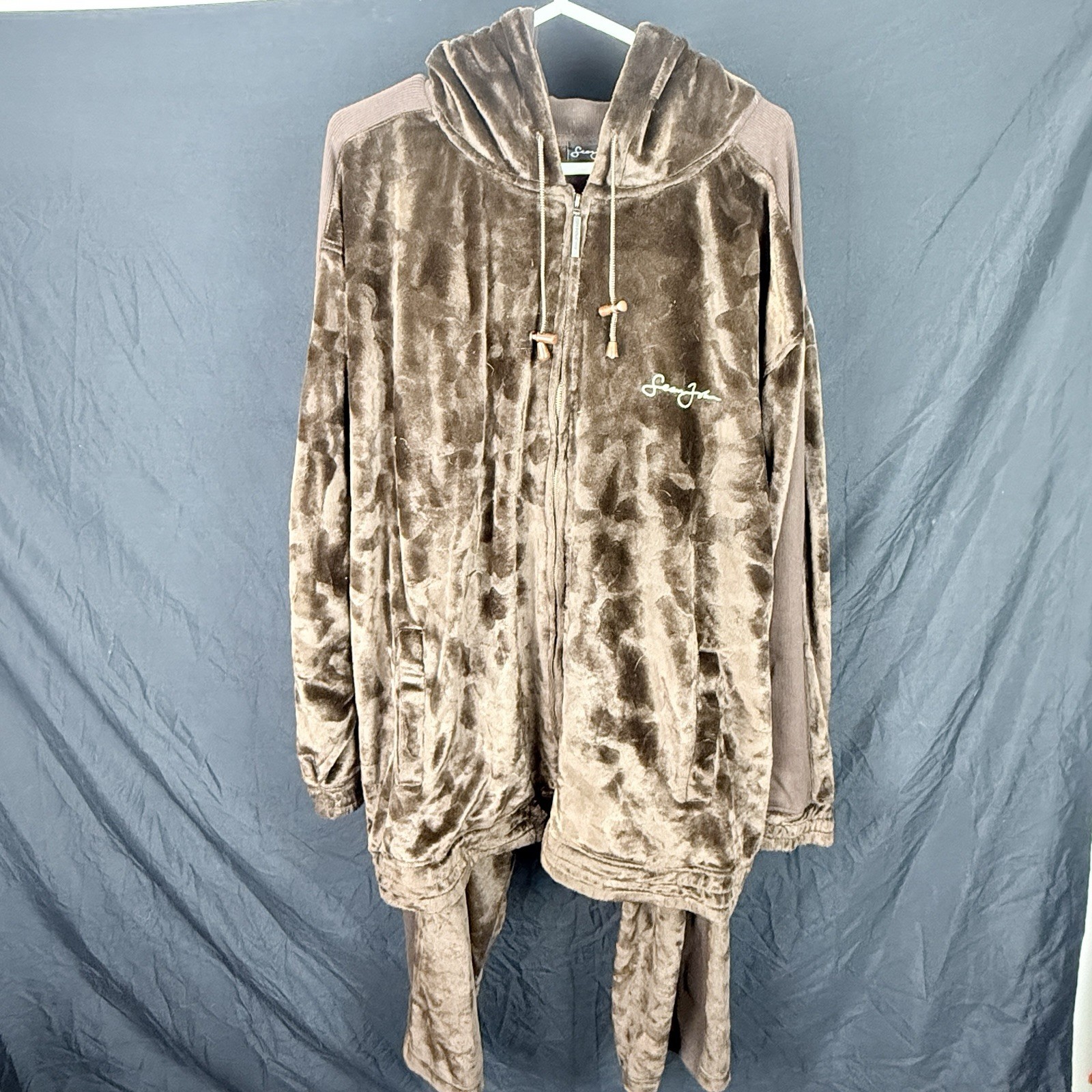 Y2K Vtg Sean John Velour Sweatsuit Brown Plush Zip Hoodie Jogger And Pants XXL