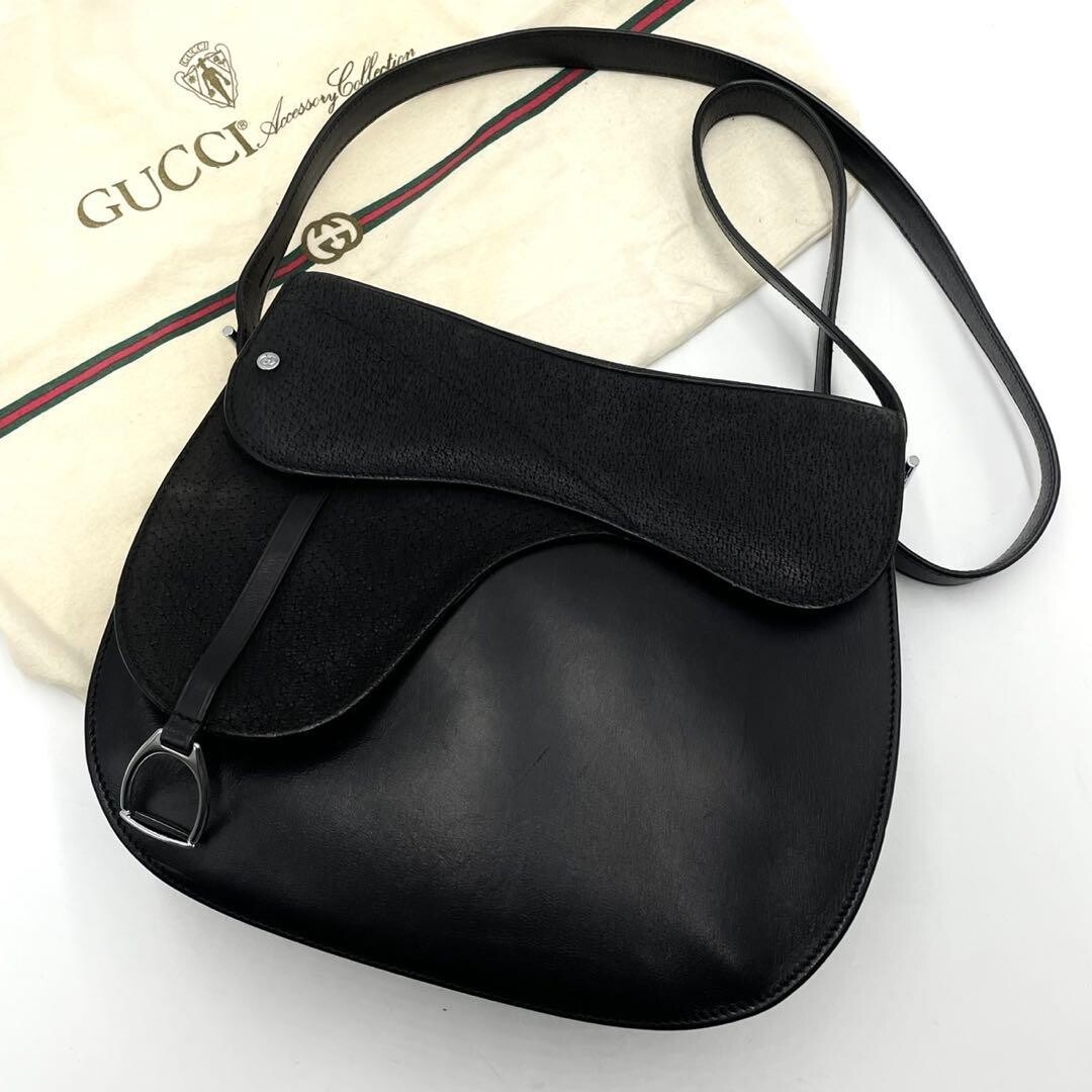 Gucci Vintage Interlocking GG Saddle Shoulder Bag Black Leather Suede Auth