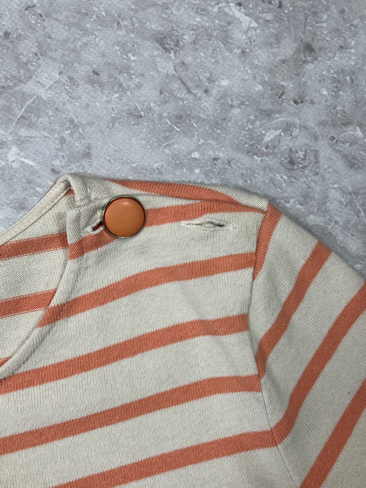 SEZANE Paris Women Striped Top Long Sleeve Button Shoulder Ecru Peach Orange