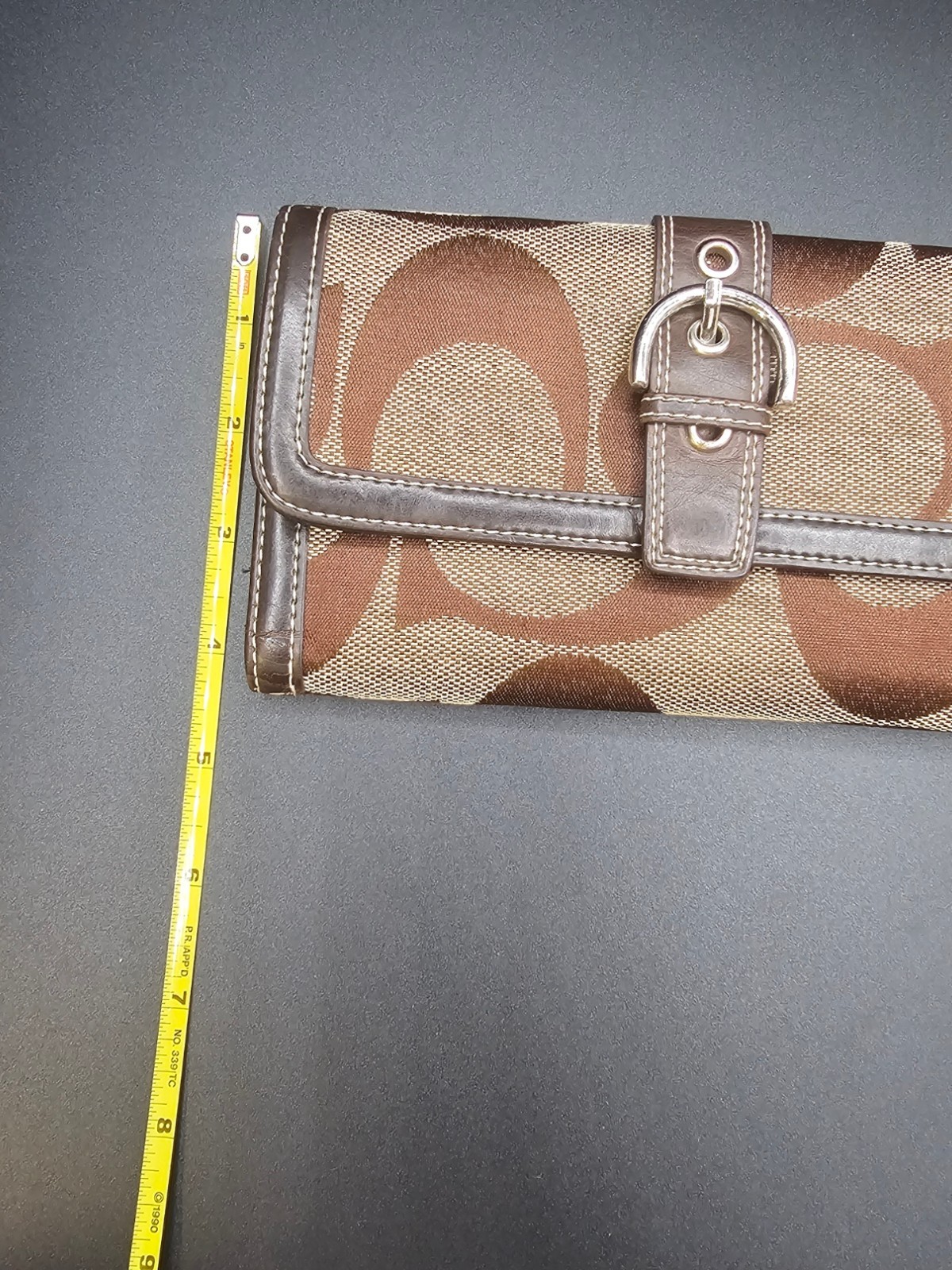 Brown Jacquard Canvas Long Wallet Checkbook Clutch Faux Leather Snap Closure
