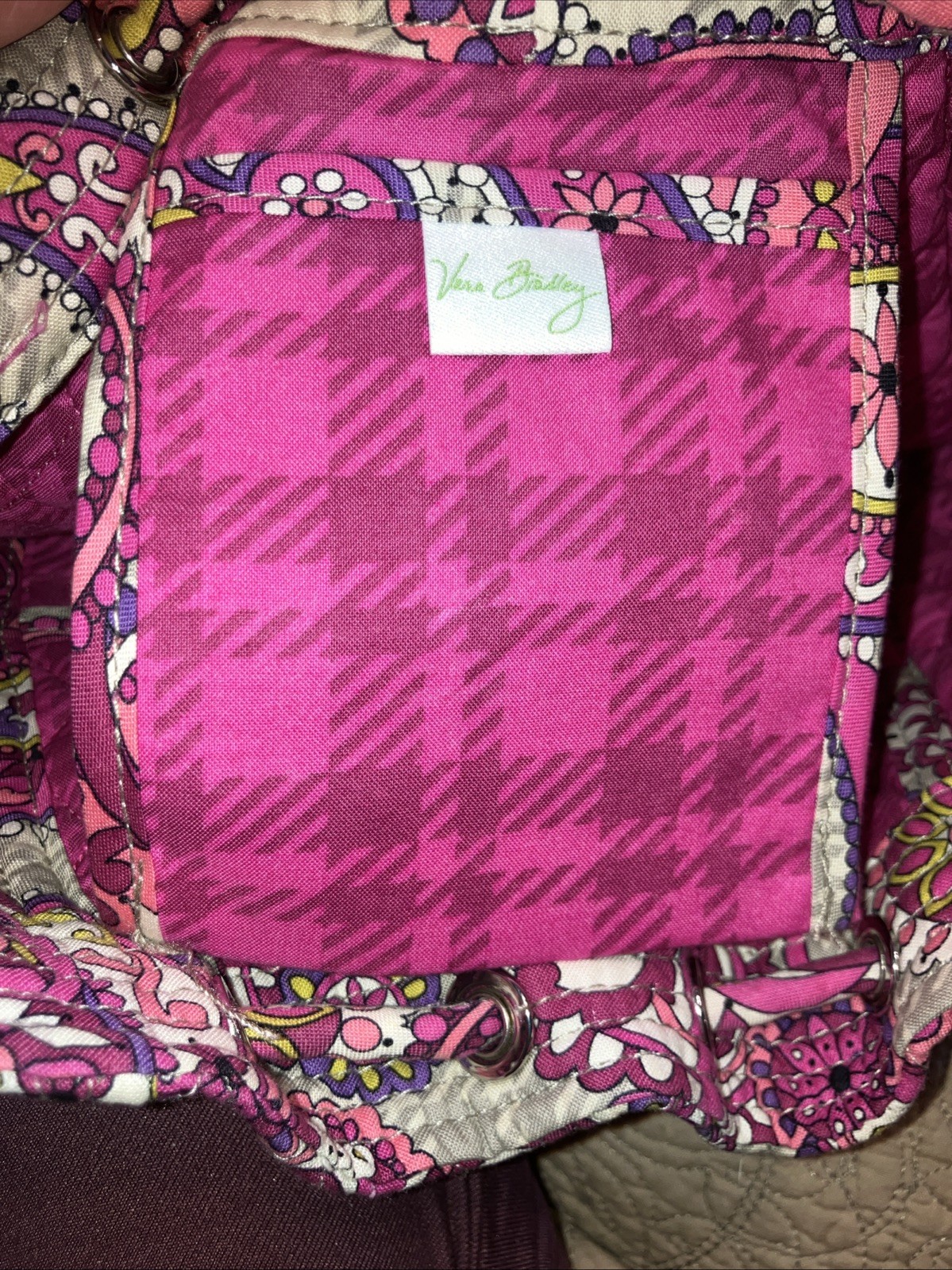 VERA BRADLEY Pink “Paisley Meets Plaid” Quilted Drawstring Cinch Backpack-Clean-
