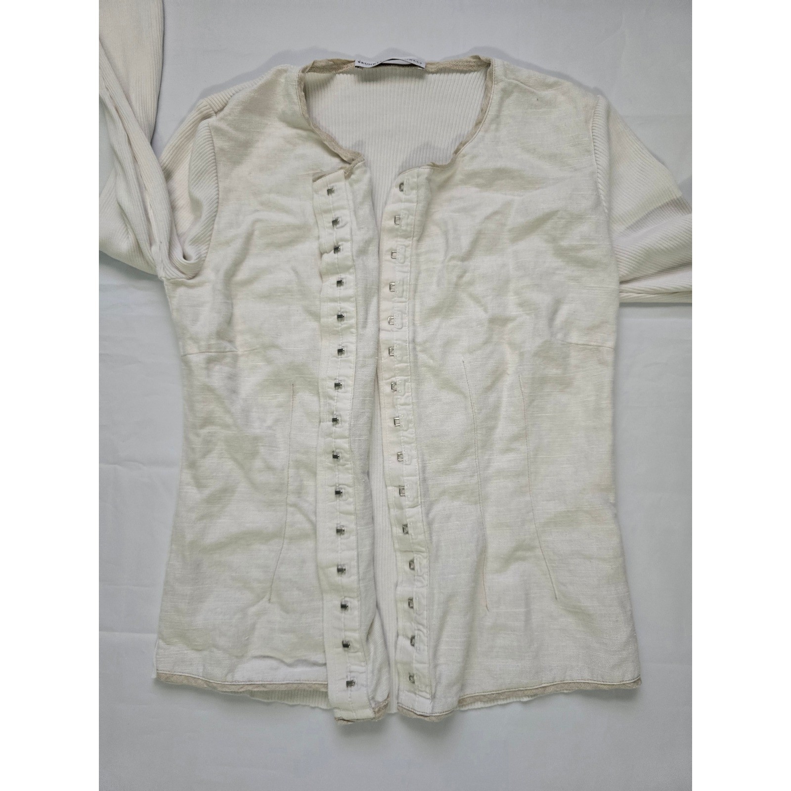 Brunello Cucinelli Cream Mixed Media Hook Eye Front Long S Top Small Cotton&Silk