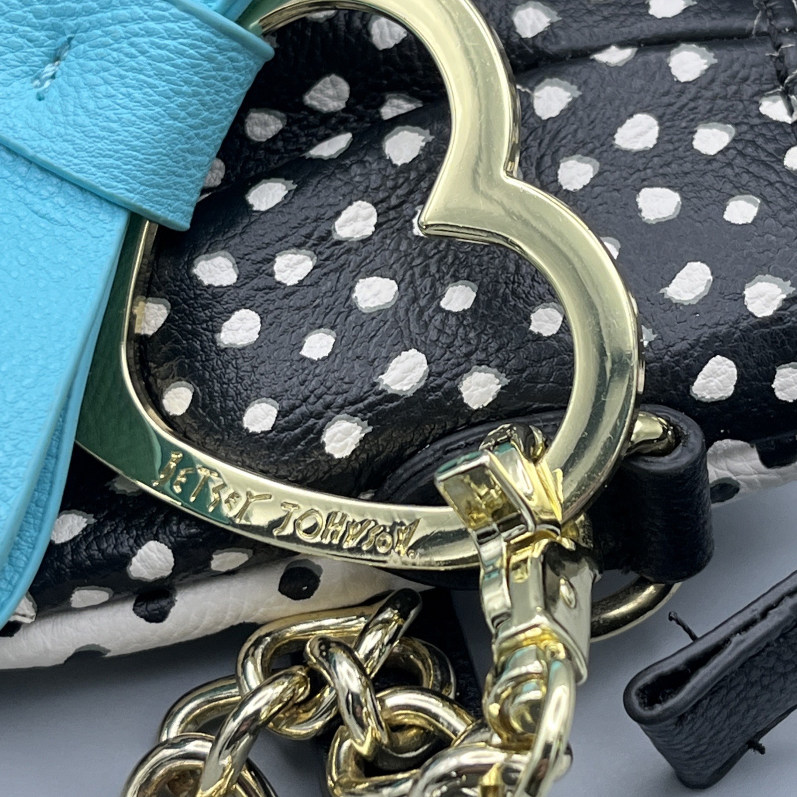 Betsey Johnson Polka Dot Shoulder Bag Purse Black & White Turquoise Bow Charm