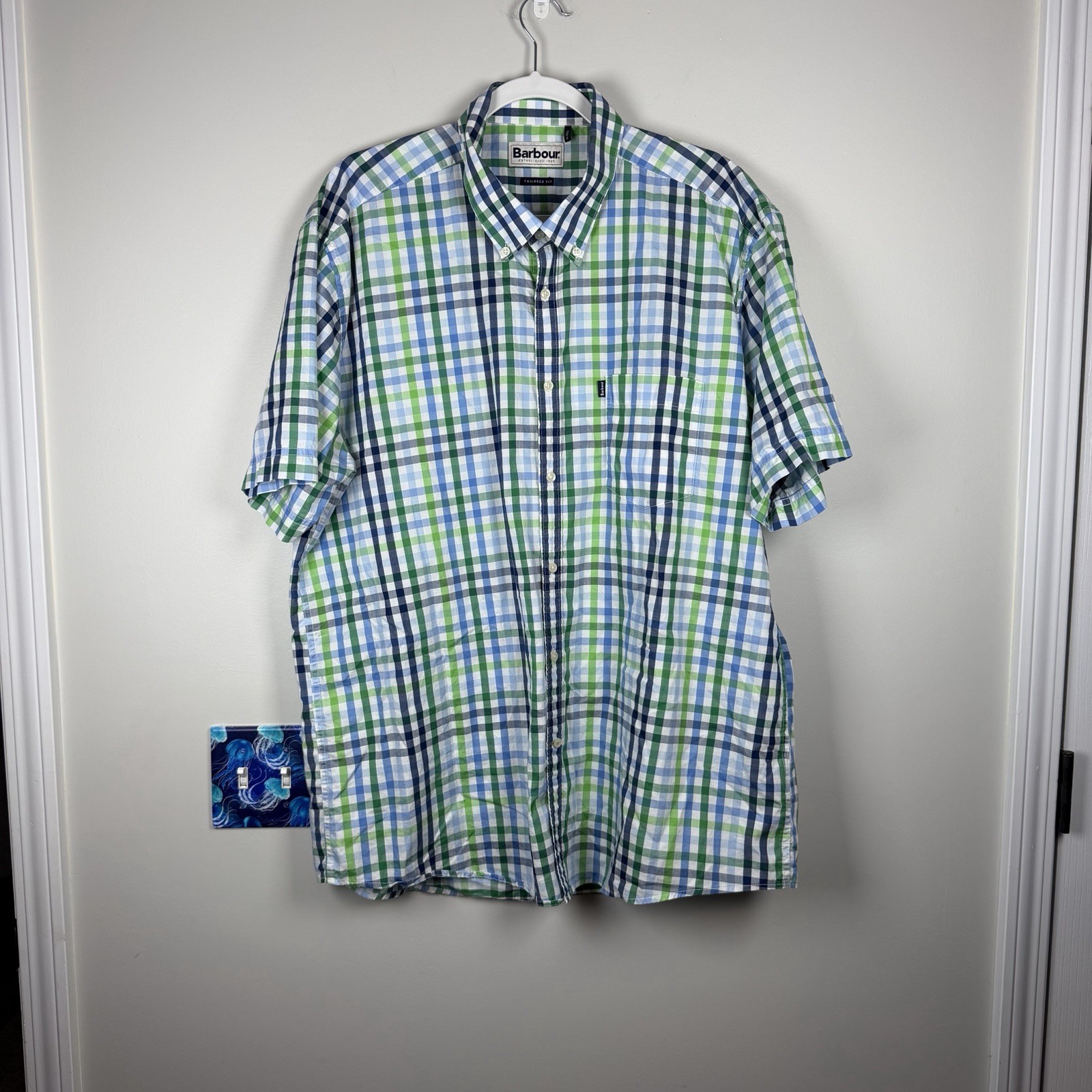 Barbour Russell SS Gingham Check Green Blue Button Down Shirt Mens XL Preppy