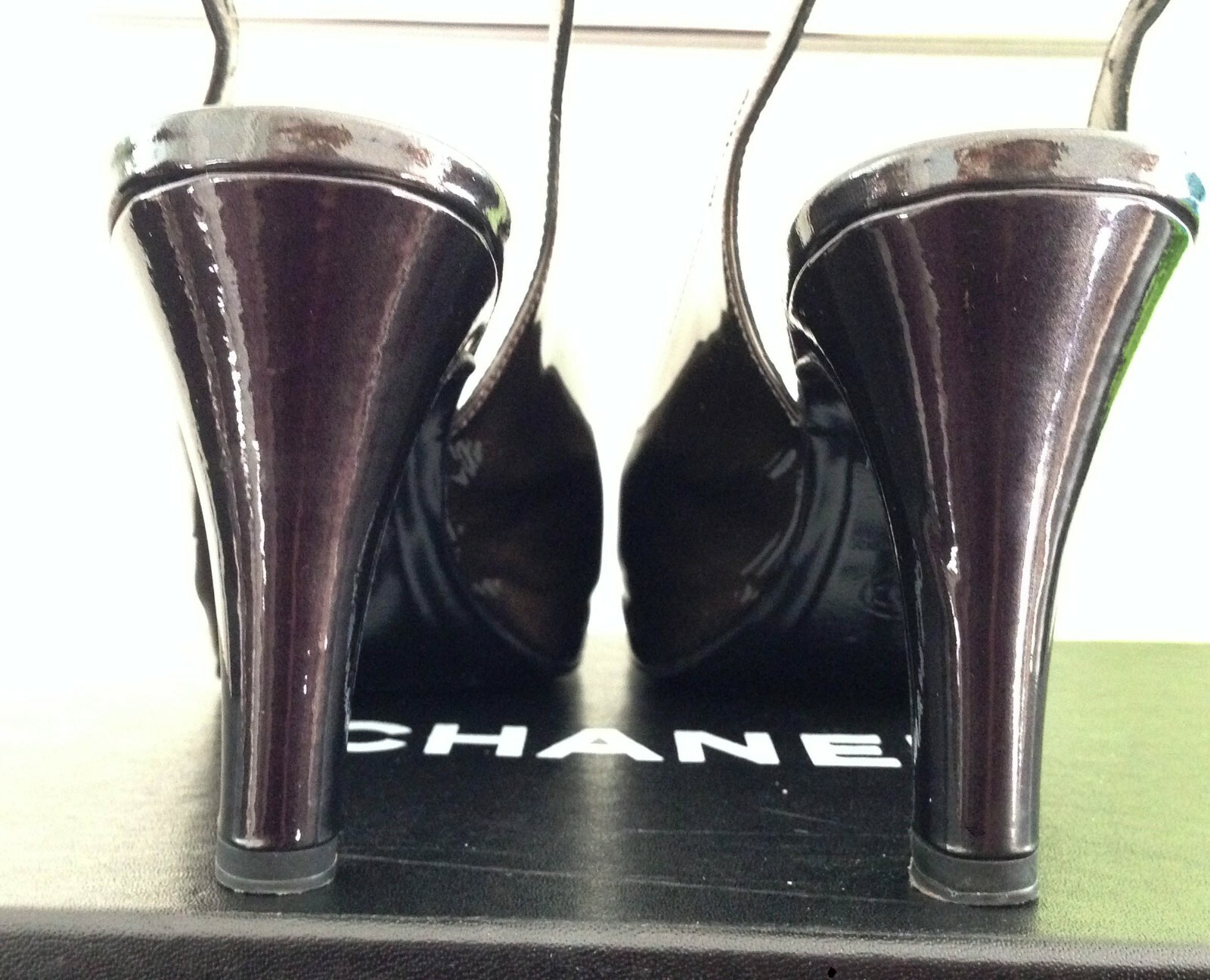 Auth Chanel CC LOGO TOE bronze w/ black slingback pumps box bags SZ 7 US 37 EU