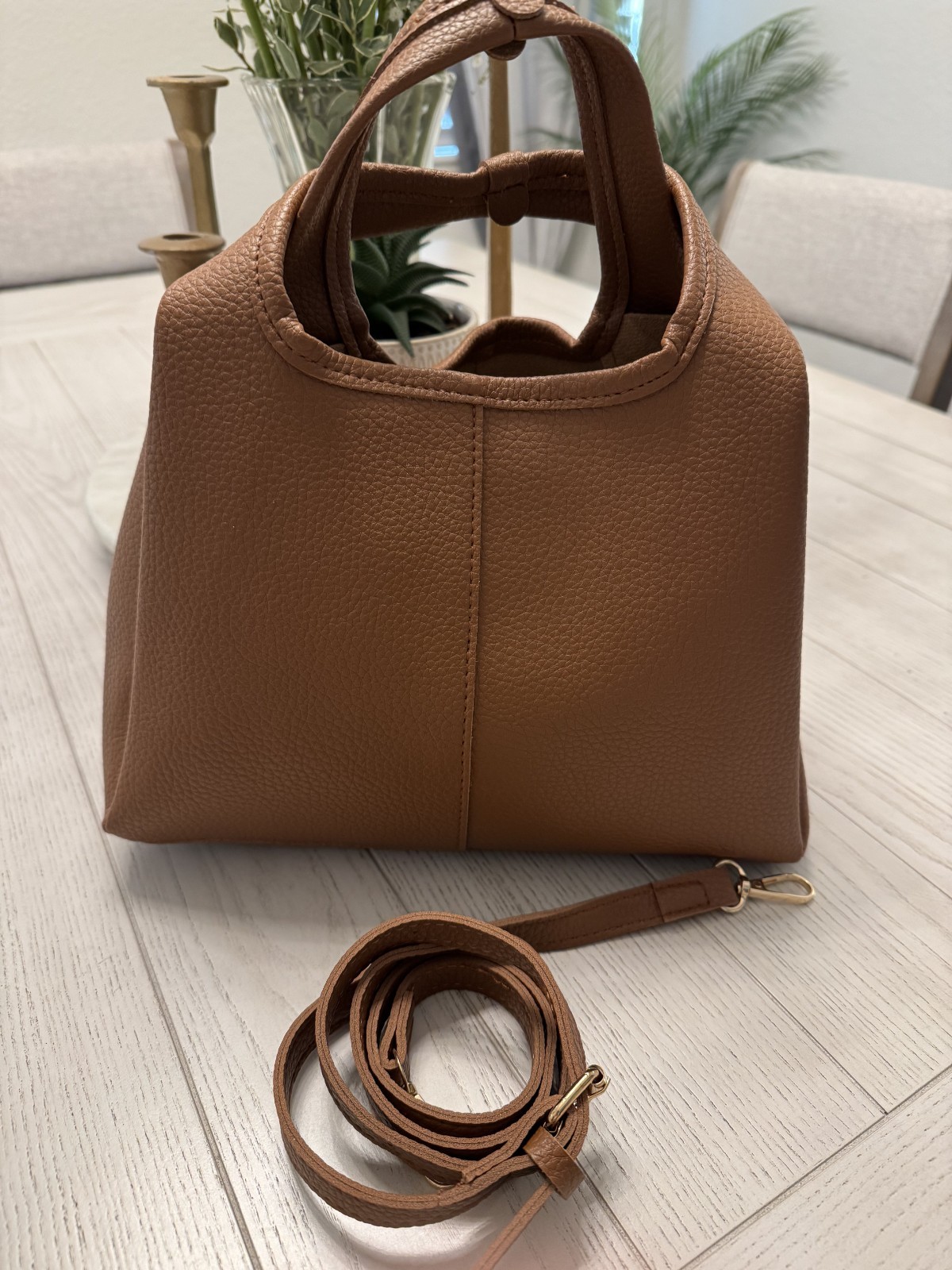 Brown Leather Top-Handle Shoulder Bag with Removable strap