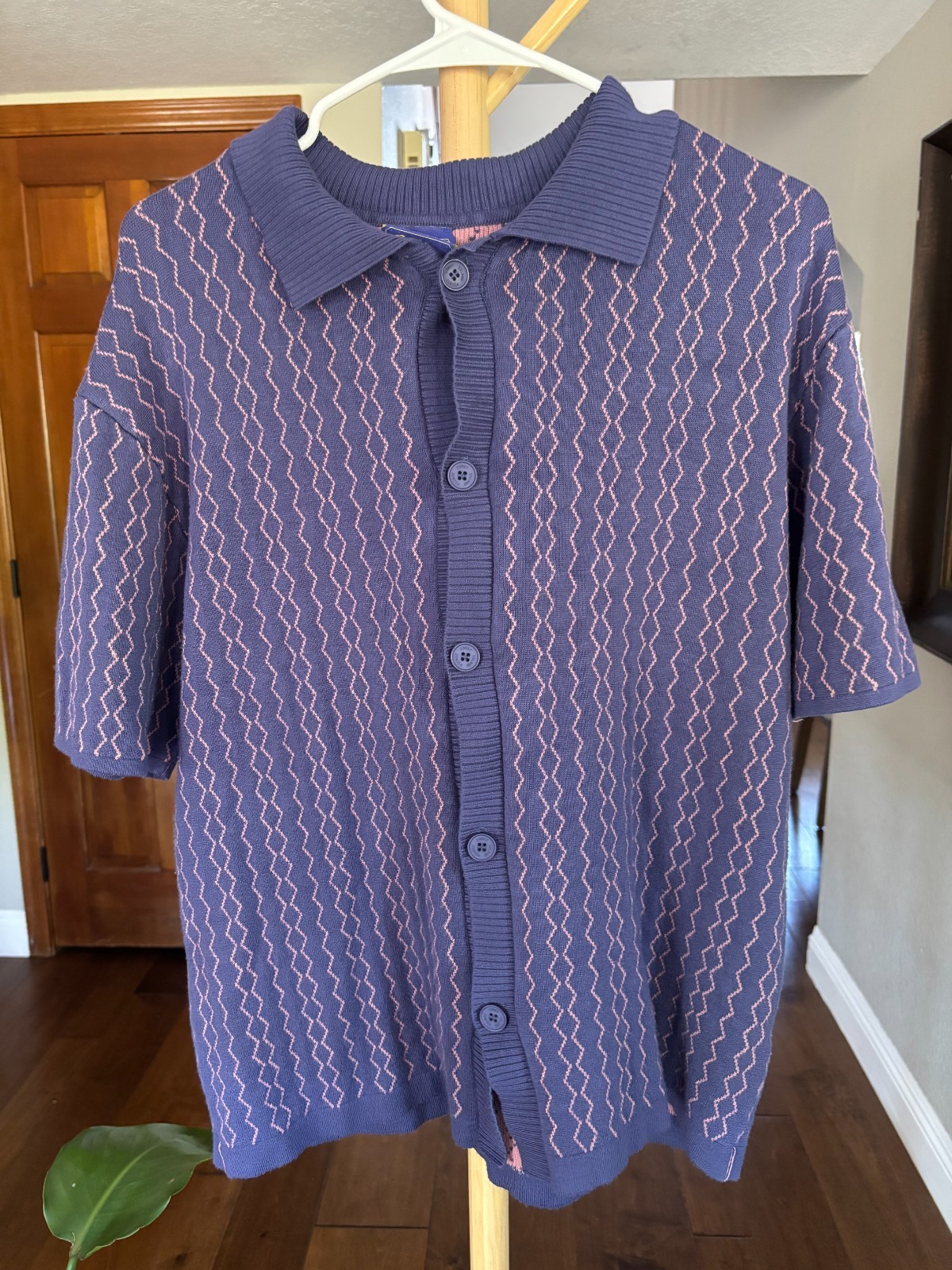 Coney Island Picnic Men’s Knit Polo Shirt Sz L Navy Pink Diamond Pattern Button