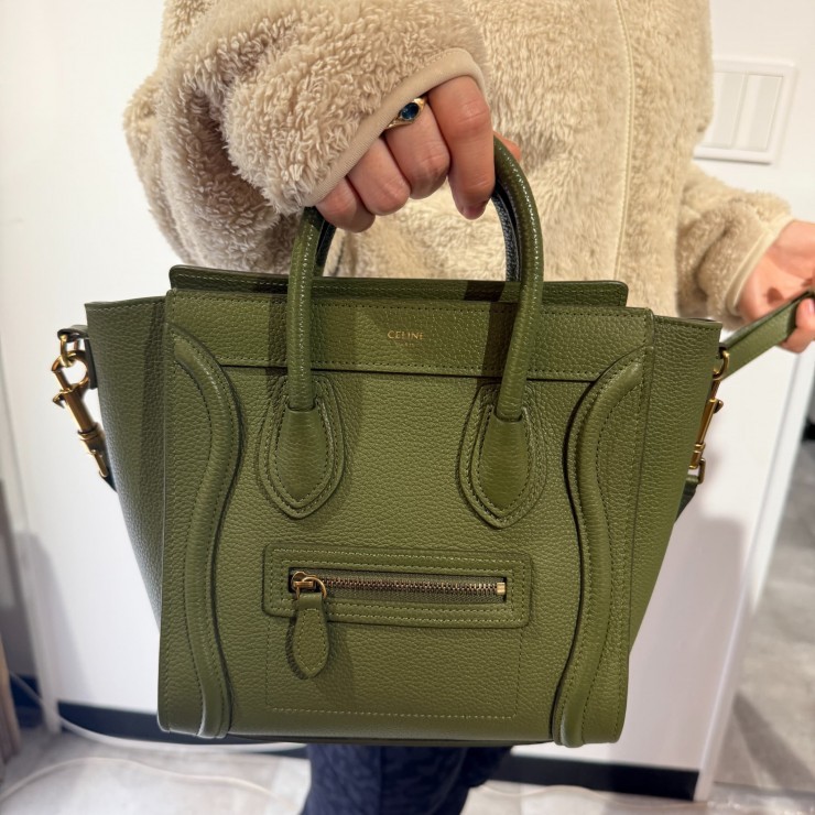CELINE Luggage Nano Shopper Hand Bag Green Leather Gold Tone