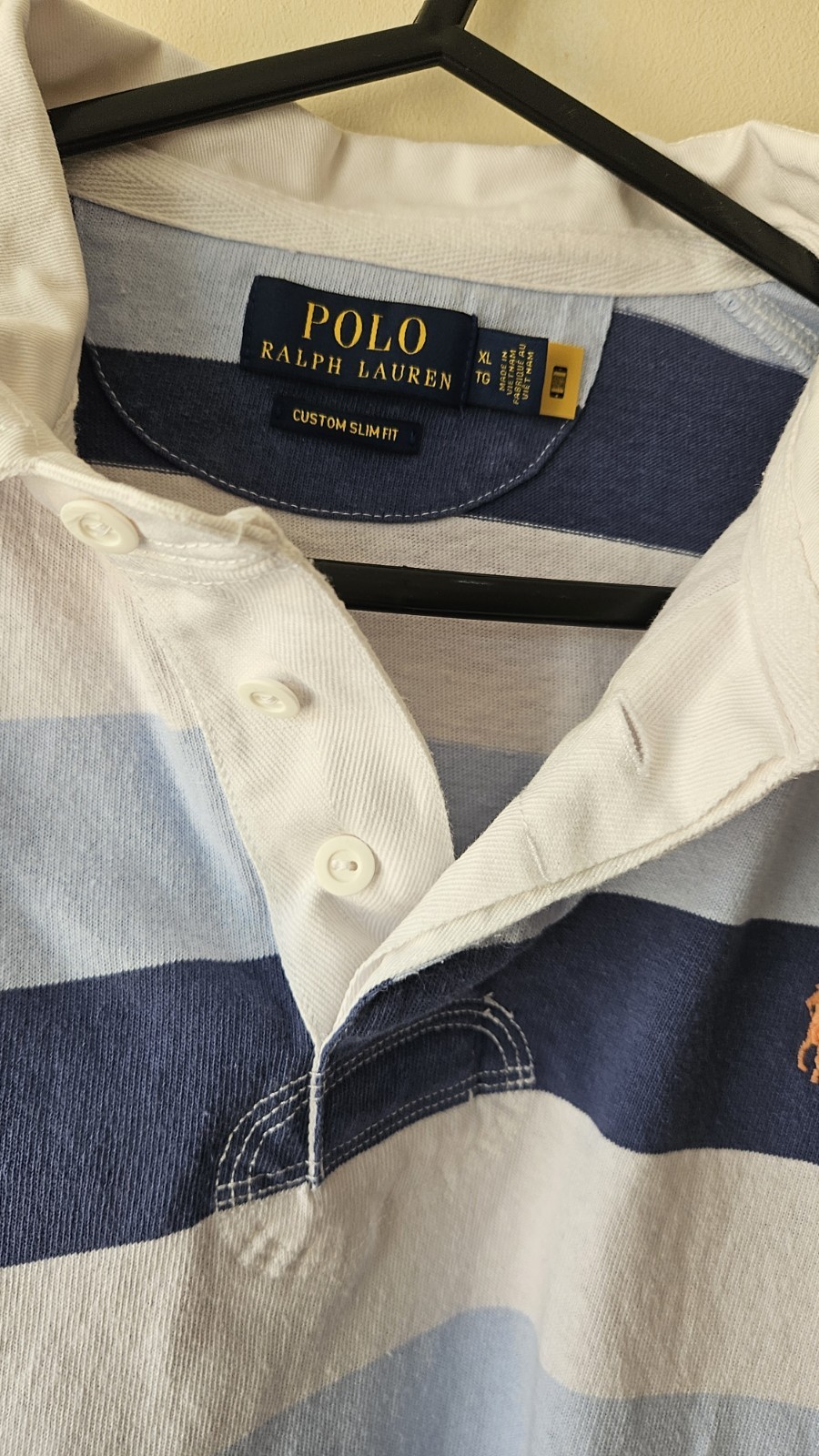 Polo Ralph Lauren Rugby Shirt XL Custom Slim Fit Striped Blue 23×28 Authentic