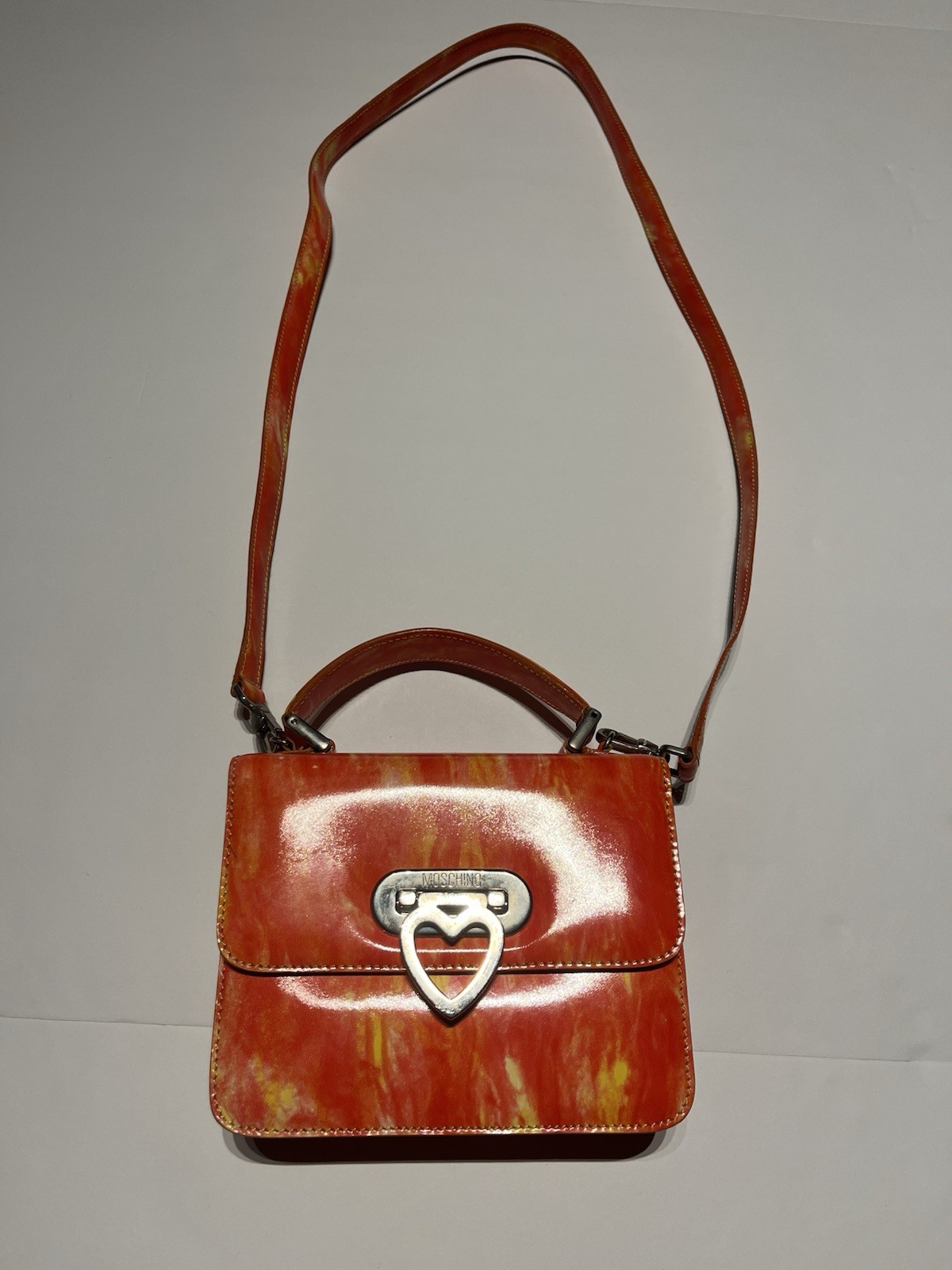 Vintage 90s Y2K Moschino Redwall Heart Locking Satchel Purse Orange Flames RARE