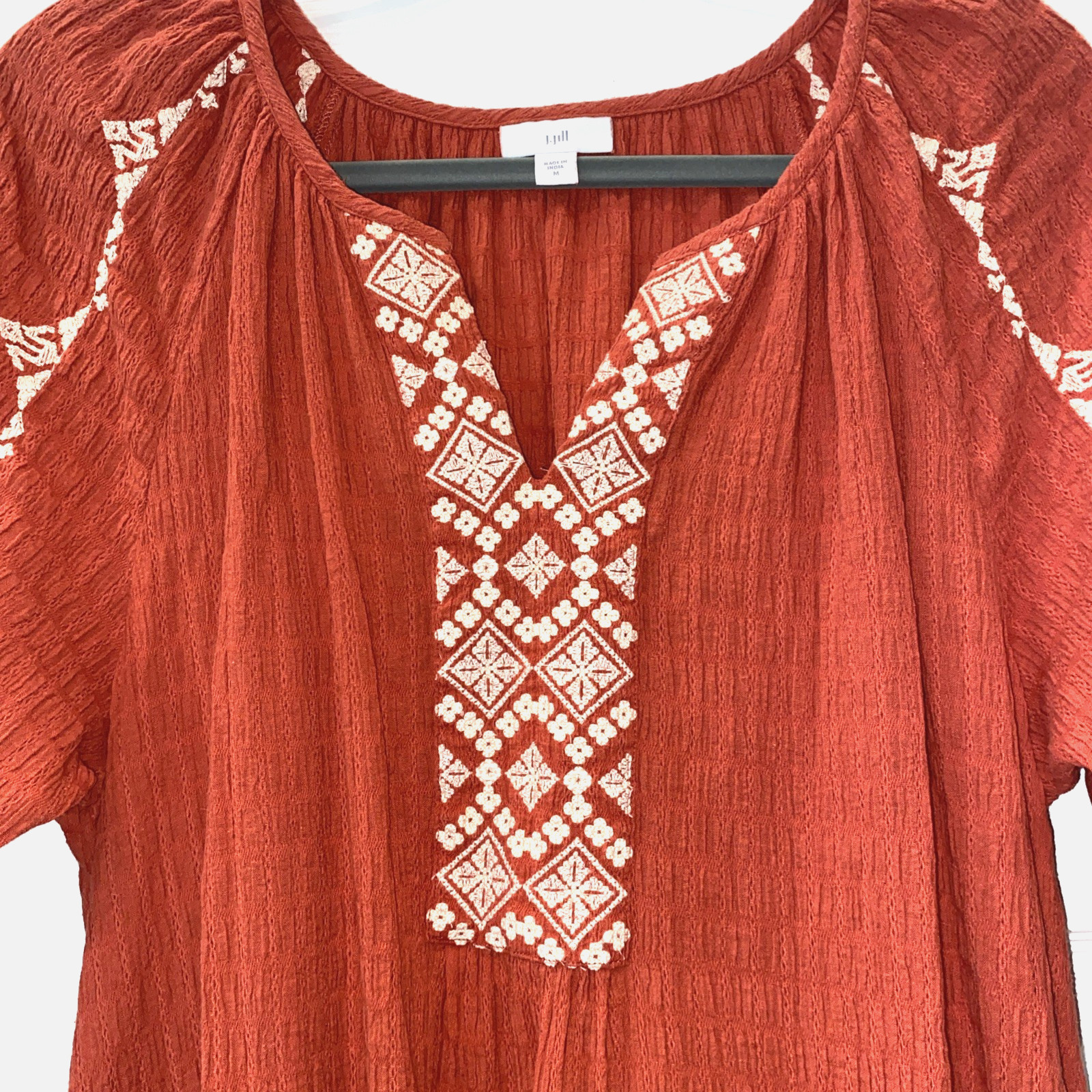 WOMENS J JILL RED/ORANGE EMBROIDERED GAUZE PEASANT SHIFT DRESS MEDIUM PERFECT!