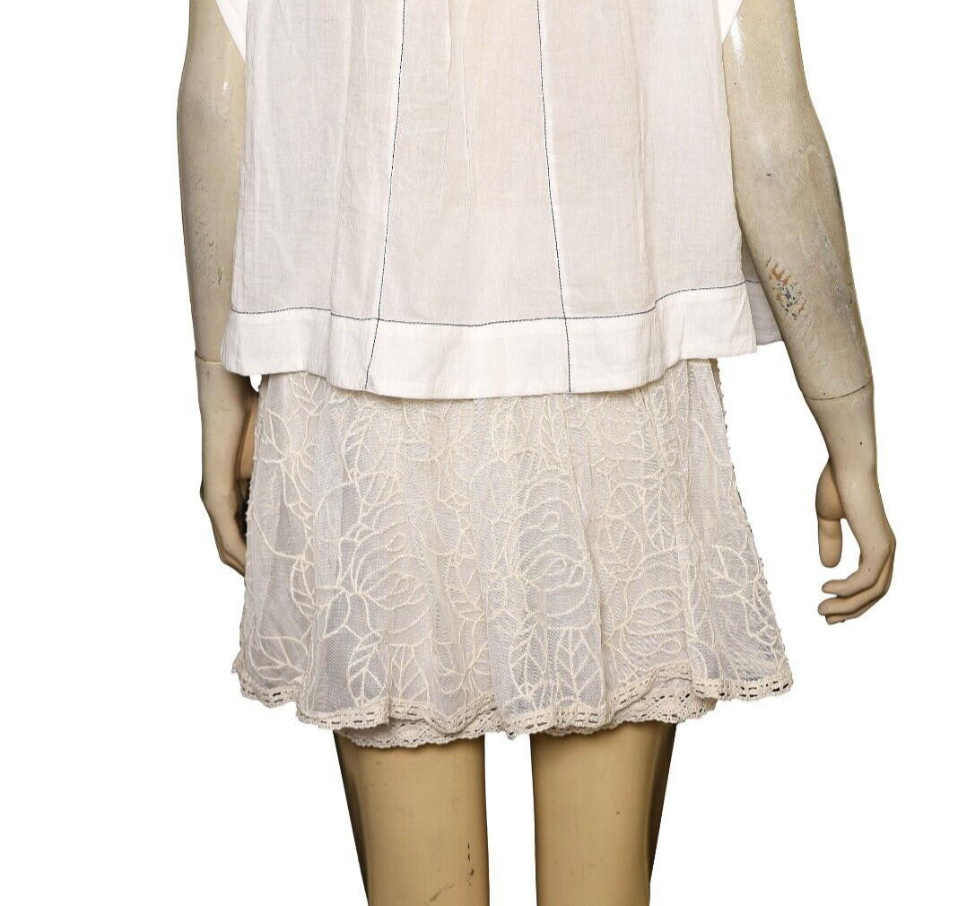 Anthropologie Cap-Sleeve Babydoll Blouse M 8 Sheer White Cotton Crop Top 44597