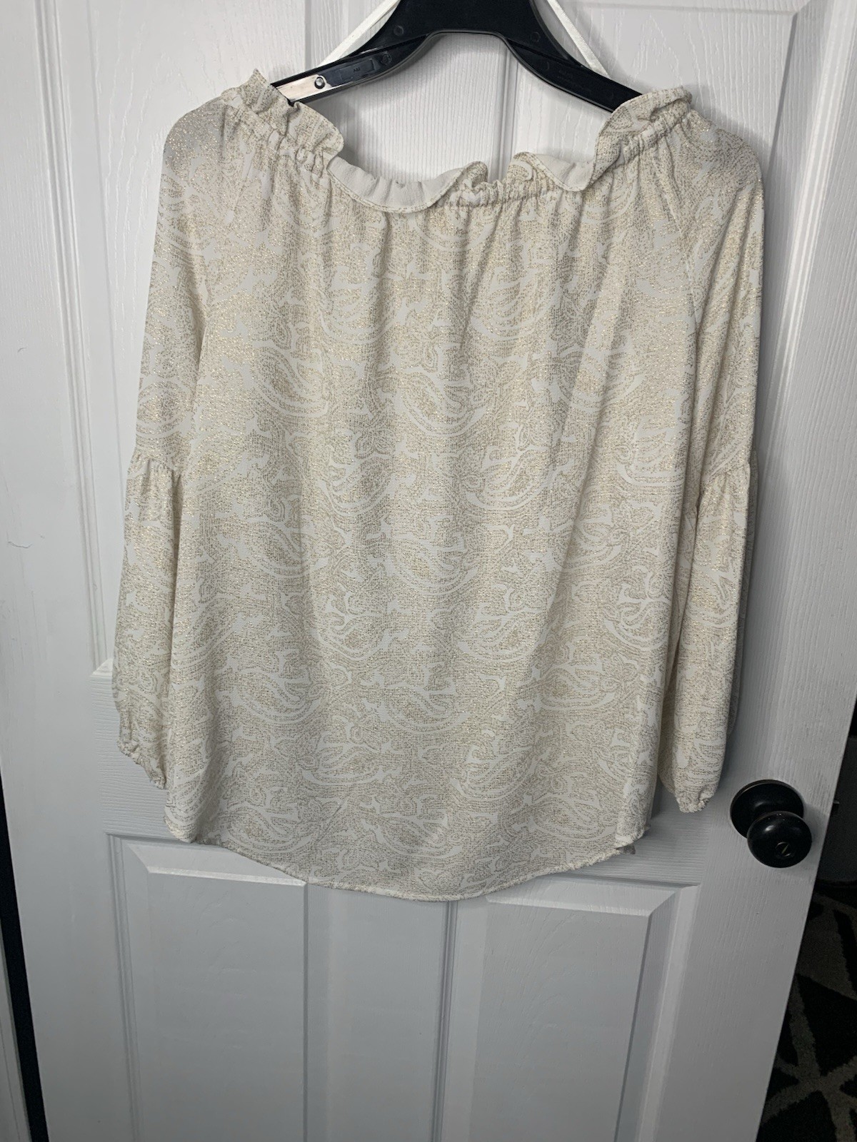 Michael Michael Kors Off-Shoulder Paisley Ruffle Knit Blouse M White Gold